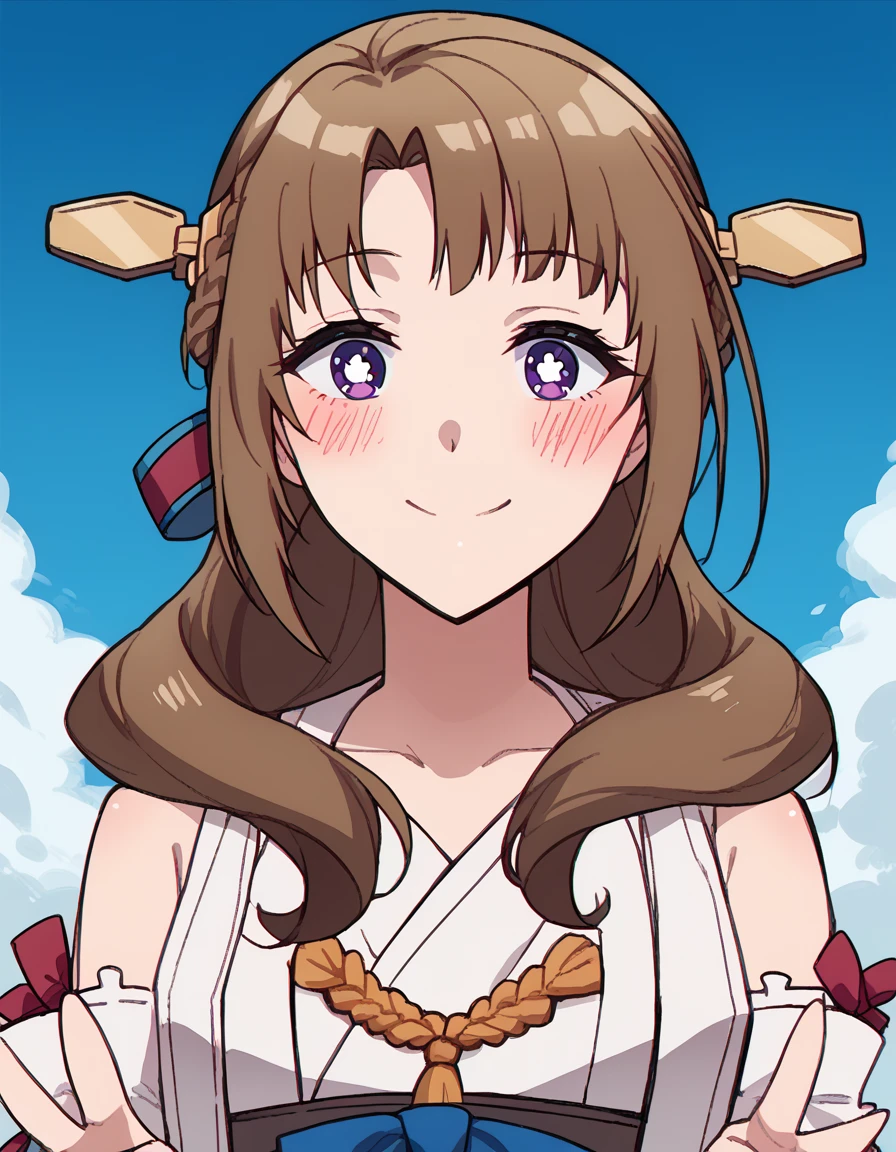 score_9, score_8_up, score_7_up, source_anime, <lora:mamako-oosuki-s1-ponyxl-lora-nochekaiser:1>, mamako oosuki, long hair, brown hair, purple eyes, hair ribbon, braid, bright pupils, french braid, white pupils, <lora:kancolle-kongou-cosplay-ponyxl-lora-nochekaiser:1>, kancolle kongou cosplay, kongou (kancolle) (cosplay), kongou pose, nontradional miko, cosplay, ribbon-trimmed sleeves, ribbon trim, bare shoulders, headgear,, ocean, smile, blush, blue sky, v, cowboy shot, looking at viewer,