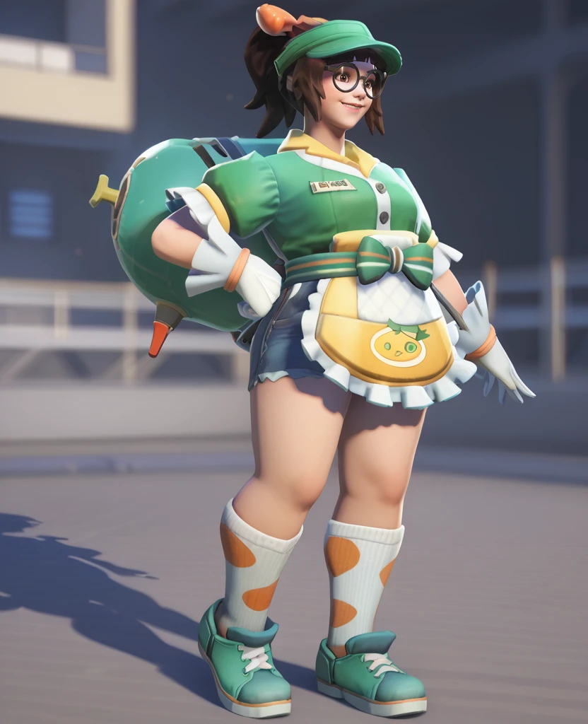 score_9, score_8_up, score_7_up, score_6_up, score_5_up, score_4_up, realistic, <lora:HoneyDew_Mei-000005:1>, hdmei1, 1girl, solo, short hair, ponytail, gloves, hat, glasses, name tag,  bow, brown eyes, short sleeves, sidelocks, frills, socks, shoes, smiley face, printed apron,  denim shorts, short shorts, from side, smiley face, apron, standing, full body,