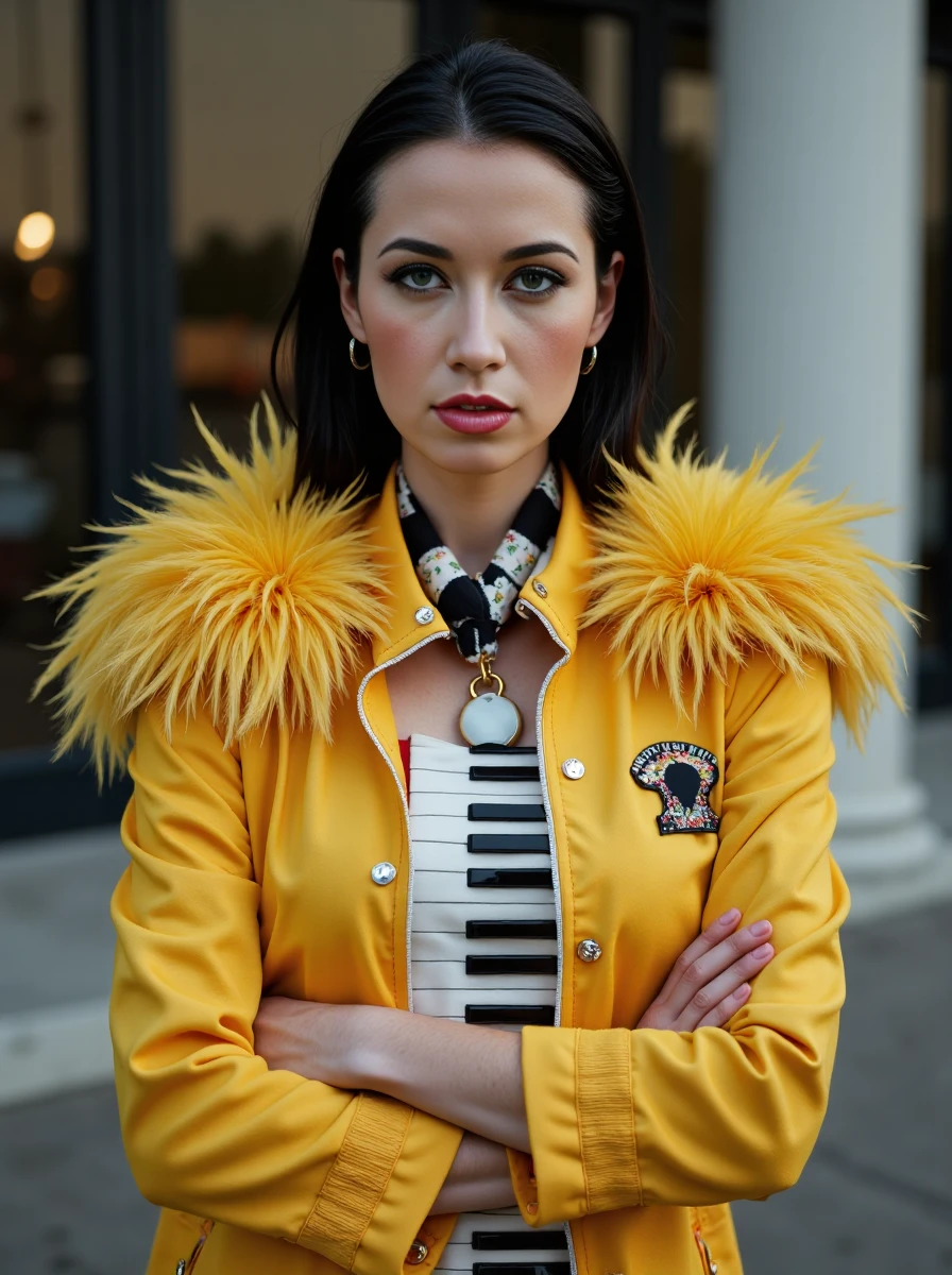 full body photo of a dressed woman with arms crossed, with sleek slicked back hair, her pale skin has a high detailed texture and shows details like moles, small hairs and pores, her expression is seductive, she is wearing a brightly colored jacket with huge fluffy feathers on the shoulders, a piano key necktie, and shoes that play rock riffs when you stomp. Set outside, with a natural lighting. <lora:alexclora-000012:1>