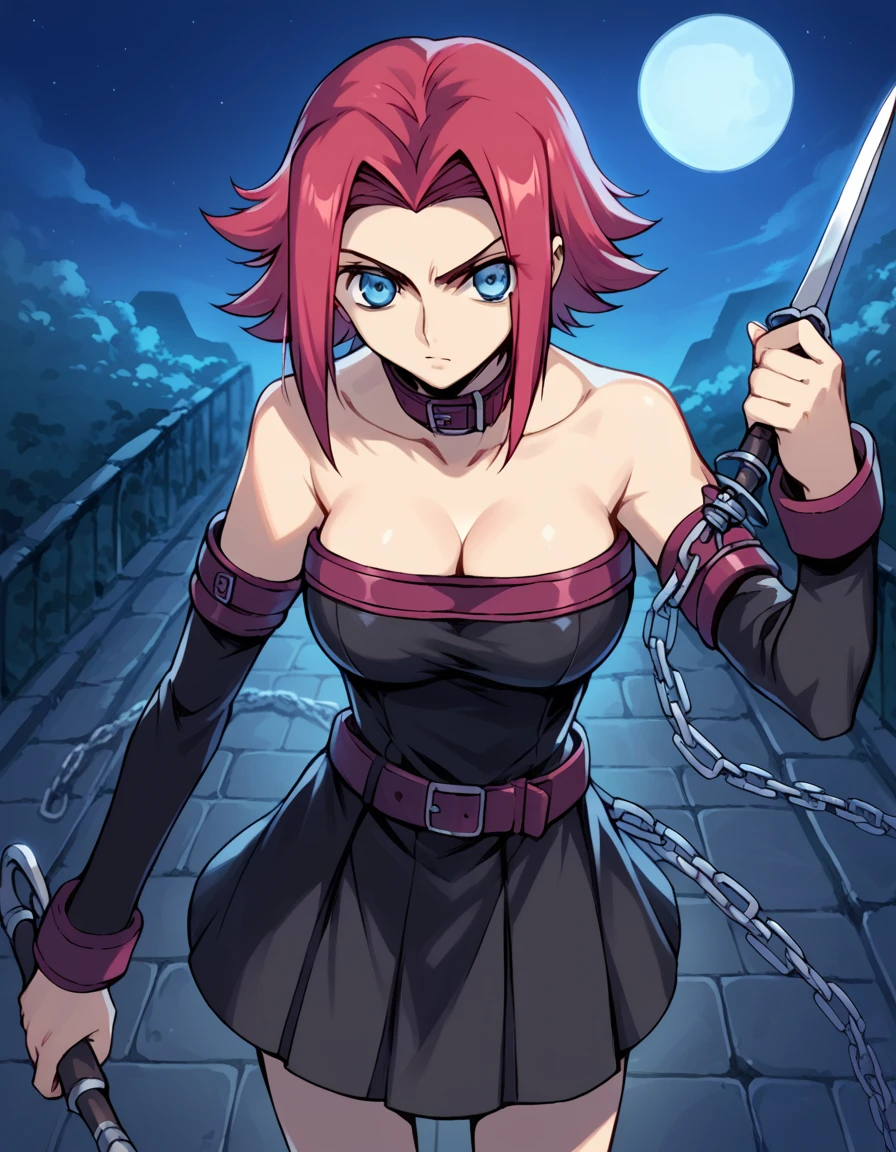 score_9, score_8_up, score_7_up, source_anime, <lora:kallen-stadtfeld-s1-ponyxl-lora-nochekaiser:1>, kallen stadtfeld, blue eyes, red hair, short hair, large breasts,, <lora:fate-medusa-rider-cosplay-ponyxl-lora-nochekaiser:1>, fate medusa rider cosplay, medusa (rider) (fate) (cosplay), bare shoulders, belt collar, collar, collarbone, detached sleeves, dress, long sleeves, pleated dress, short dress, strapless, strapless dress, zettai ryouiki,, outdoors, night, moon, from above, dagger, holding, holding weapon, chain,, cowboy shot, looking at viewer