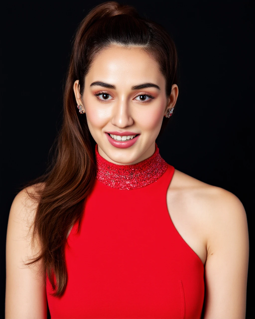 cowboy shot photo of disha patani woman,paparazzi photo, laughing face,studio quality, wearing intricate high neck elegant Red sleeveless turtleneck top, high ponytail, flat contrasting background<lora:TestBed\Disha_Patani_Flux_Kohya_V1-step00000400.safetensors:1.0:1.0>