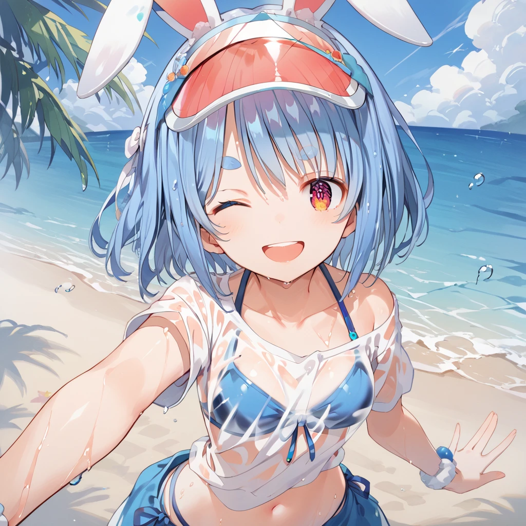 score_9,score_8_up,score_7_up,source_anime,high res image,masterpiece,best quality,woman,cute face,clear skin,shiny hair,ultra detailed eyes,1girl,usada_pekora,blue hair,swimsuit,bikini,smile,visor cap,looking at viewer,thick eyebrows,shirt,open mouth,rabbit ears,animal ears,teeth,short hair,see-through wet shirt,navel,cowboy shot,beach,outstretched arm,reaching towards viewer,hand,palm,one eye closed,<lora:cnv3mdde878c738thn20:0.8>,<lora:Usada_Pekora_åç°ãºãã_hololiveVtube-000005:0.9>,