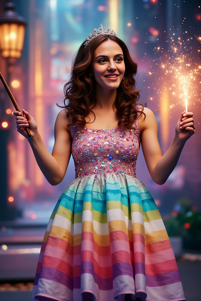 portrait of a beautiful woman.

(Clad in a vibrant, sparkly costume with flowing layers of pastel colors and whimsical details, her long, wavy hair is adorned with a shimmering tiara, and her wide, excited eyes shine with magic as she poses confidently with her wand in hand), (Set against a fantastical backdrop of a colorful, enchanted world filled with whimsical creatures and sparkling lights, where every corner exudes a sense of adventure and wonder), (magical:1.3), (bright, cheerful lighting with a vivid color palette, sharp focus on the heroine, dynamic composition with a playful, enchanting mood:1.4),










