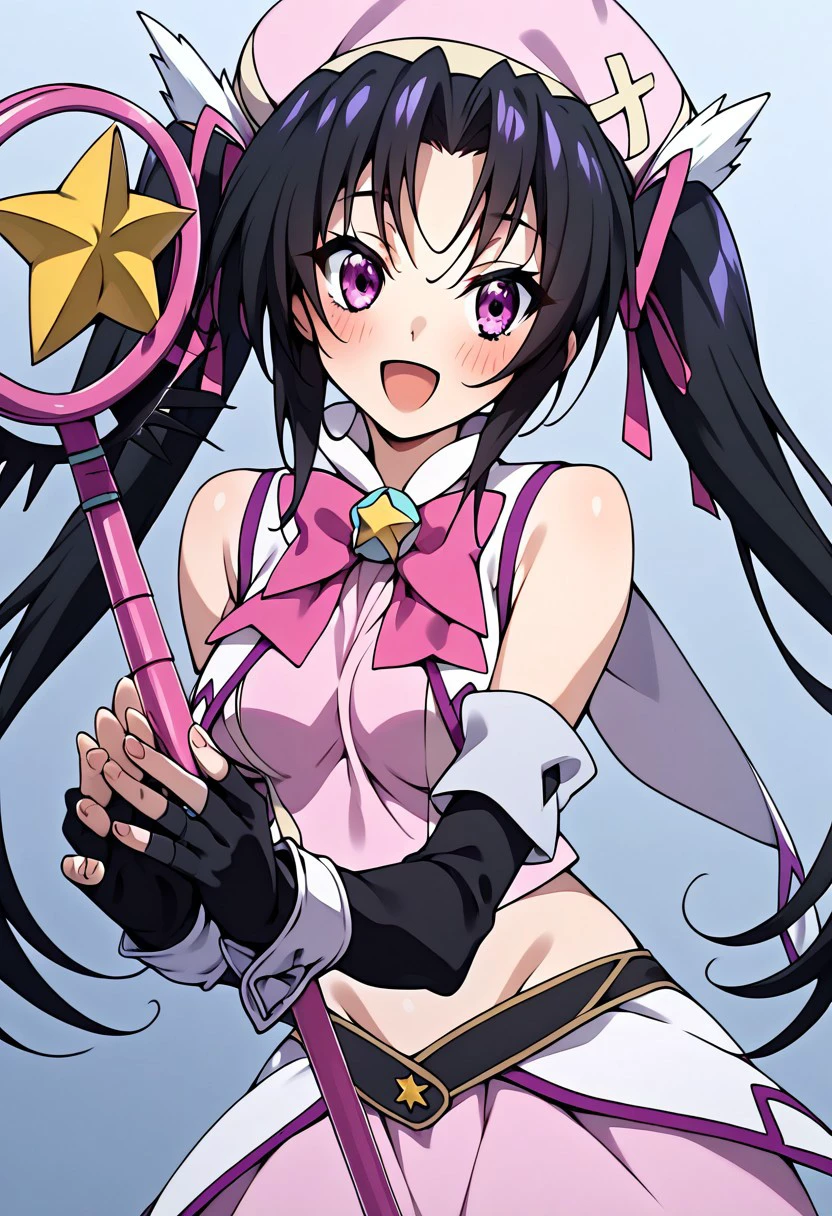 score_9, score_8_up, score_7_up, 
m4g1c4lg1rl0utf1t, magicalgirloutfit, magical girl outfit (hdxd), 1girl, black hair, twintails, solo, fingerless gloves, hat, cosplay, magical girl, gloves, open mouth, long hair, smile, wand, ribbon, pink eyes, hair ribbon, purple eyes, bare shoulders, parody, looking at viewer, blush