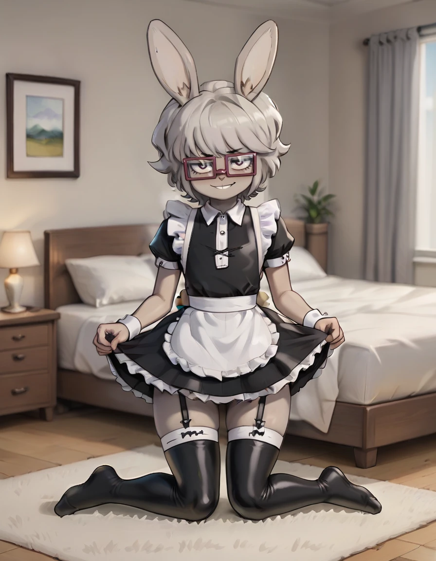 bedroom,
Grayson,1boy,short hair,rabbit ears,glasses,solo,grey hair,rabbit tail,thighhighs,full body,seductive smile,grey fur,latex maid uniform,
<lora:Grayson_v01_PDXL:1>,