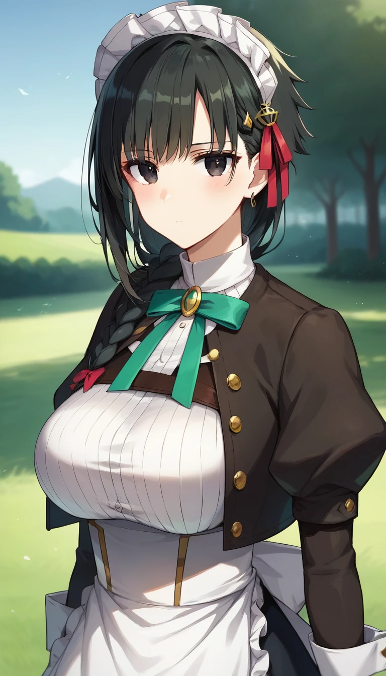 score_9,score_8_up,score_7_up,score_6_up BREAK official art,solo,outdoors,upper body,(portrait:1.5),looking at viewer,facing viewer,frown,blush,expressionless,Yuki,maid headdress,long hair,black hair,hair ornament,hair ribbon,red ribbon,single braid,hair over shoulder,earrings,bangs,black eyes,neck ribbon,green ribbon,green bowtie,black jacket,cropped jacket,turtleneck,white shirt,long sleeves,puffy sleeves,juliet sleeves,white gloves,large breasts,maid apron,white apron,frilled apron,waist apron,lace-up boots,white footwear,<lora:Yuki(yams)-Pony:1.2>,