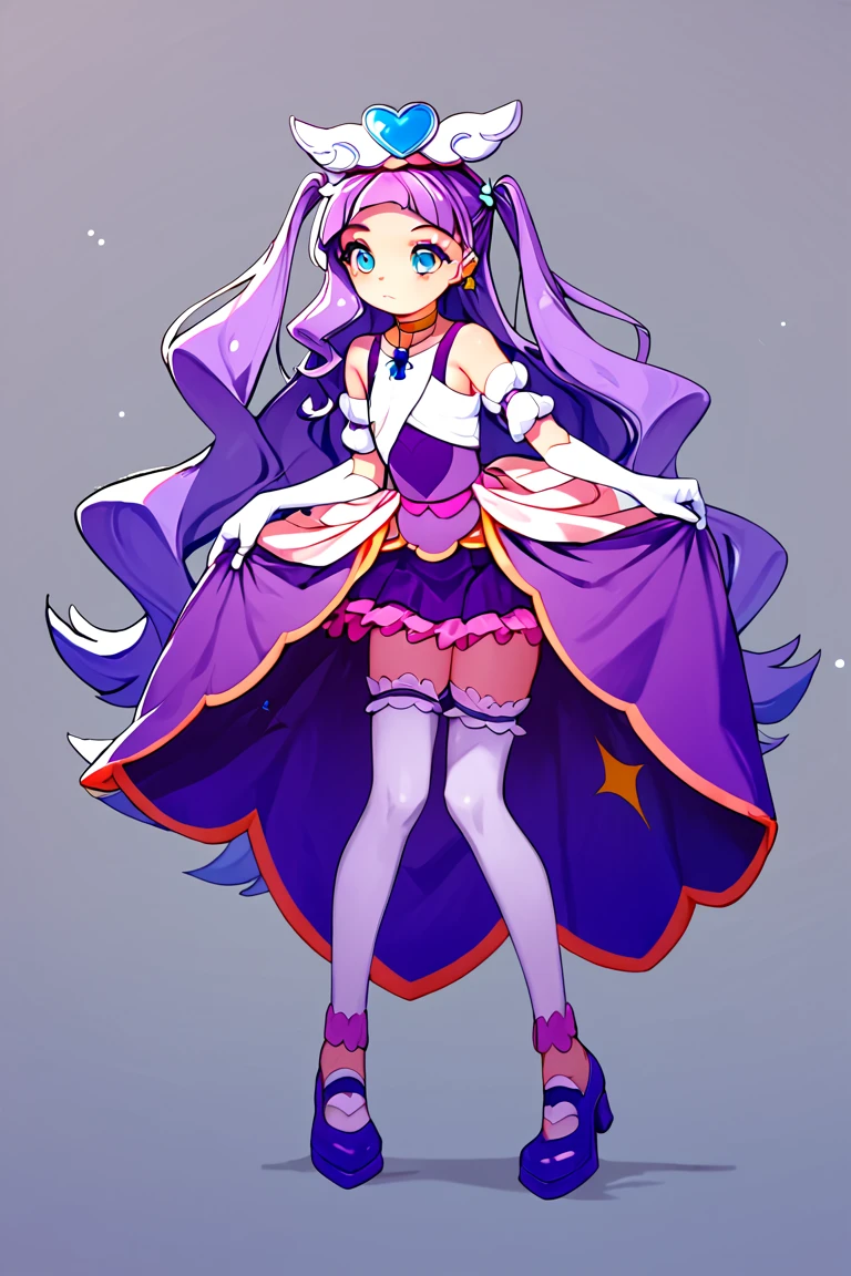 score_9, score_8_up, score_7_up, flat chested, curemajesty, 1girl, solo, purple hair, purple dress, gloves, long hair, dress, thighhighs, magical girl, white gloves, blue eyes, elbow gloves, jewelry, earrings, full body, white thighhighs, purple footwear, choker