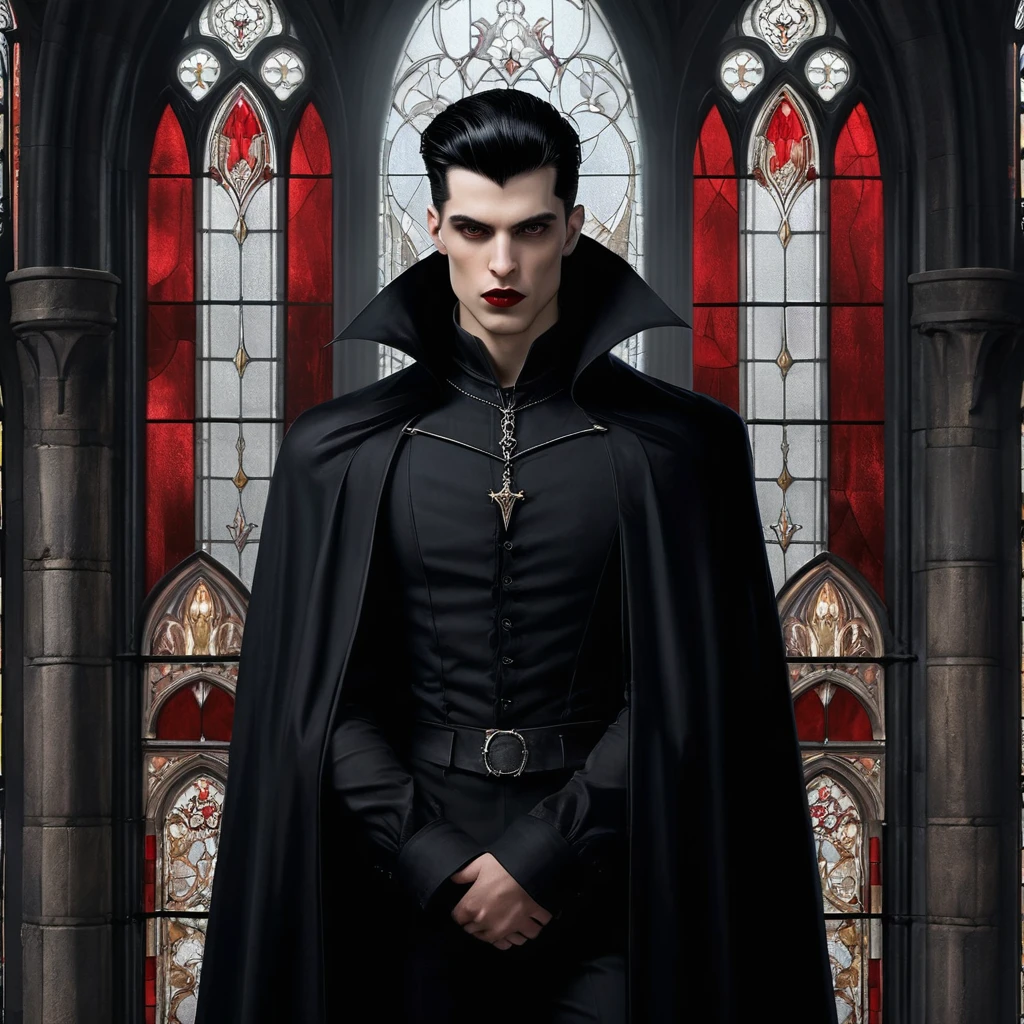 photo realistic, young vampyr, gothic castle, vampyr boy, pale skin, black hair, , bangs, , giant epic castle, stained glass background, black capes, dark red lipstick, slim body
<lora:tendril_bangs_v1.9:1.5>