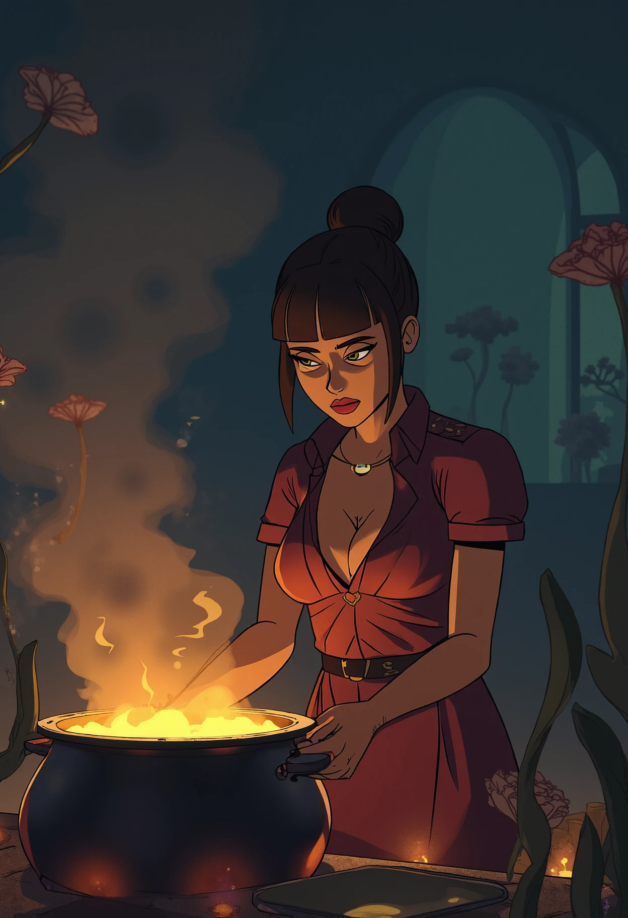 close-up shot of L1z4 brewing a potion in a cauldron, surrounded by strange, glowing plants. The room is dimly lit, and the only sound is the crackling of the fire under the cauldron. The overall atmosphere is one of mysterious magic and enchantment, <lora:dvr-liza-barrel-flux:1>