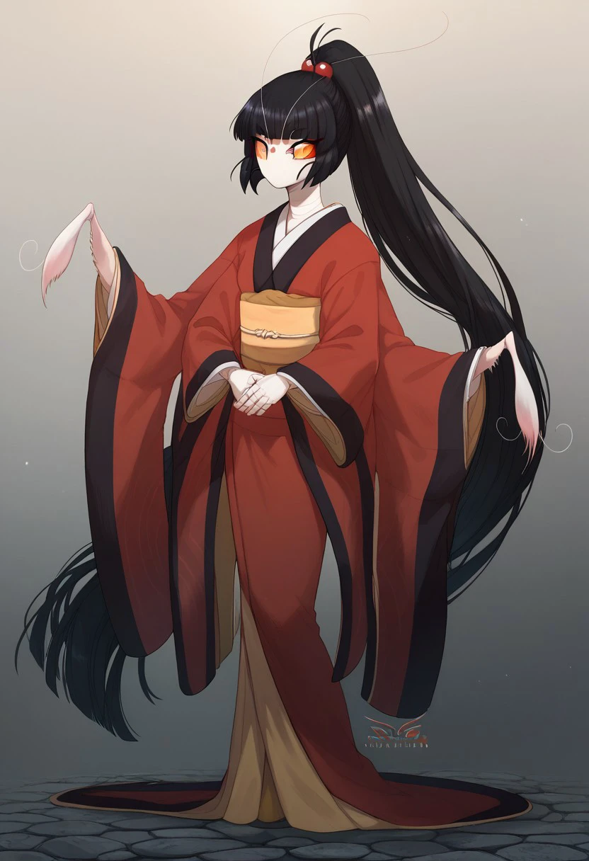 score_9, score_8_up, score_7_up, source_anime, anime illustration, masterpiece, best quality, lots of details, BREAK zPDXLx, mur4k4mi-ip,blade under mask,nae mantis,manits girl,1girl,long hair,kimono,japanese clothes very long hair,solo,black hair,ponytail,full body, wide sleeves,looking at viewer bangs,red kimono,standing,orange eyes,holding,sash,long sleeves,blunt bangs,high ponytail,obi