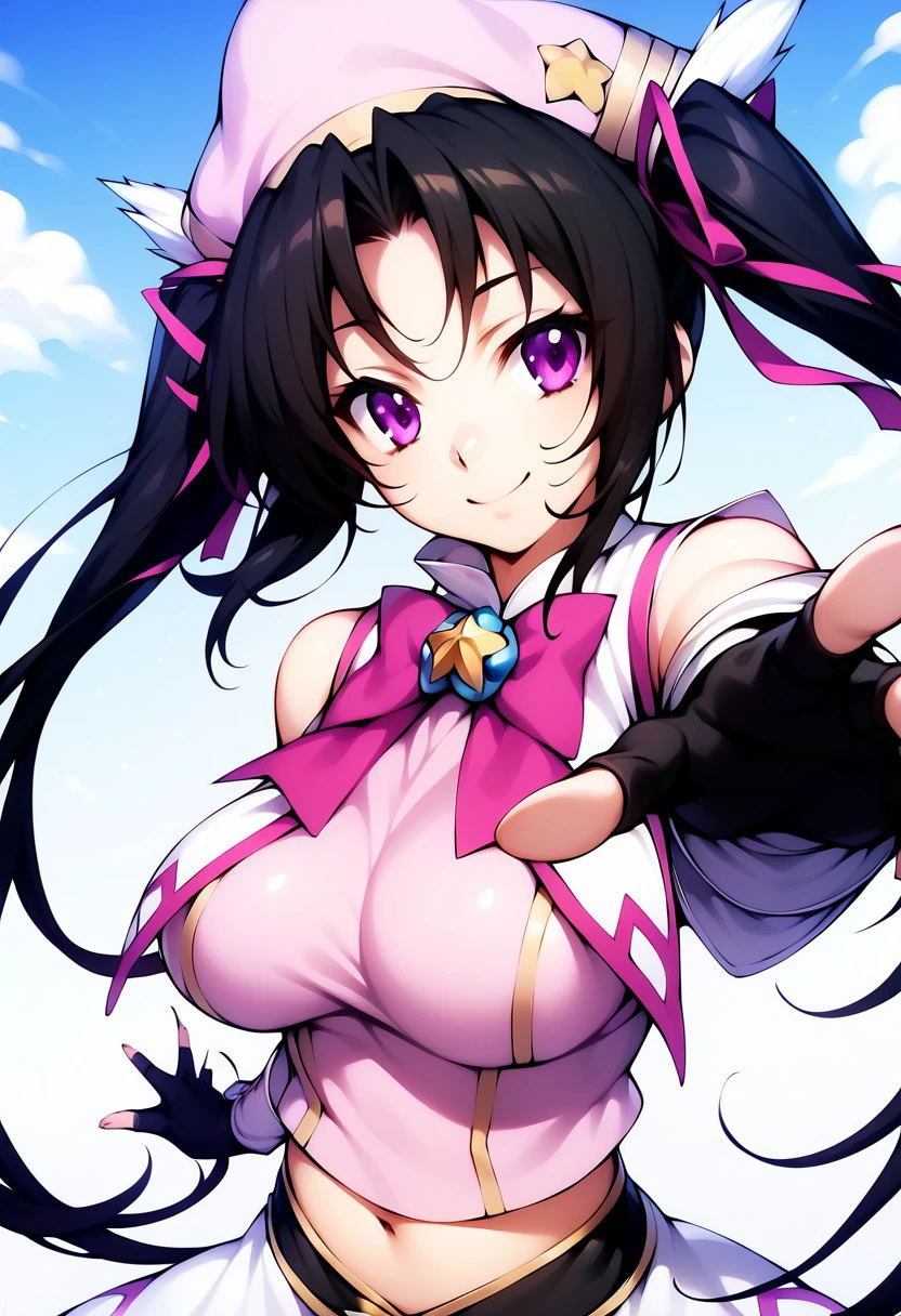 score_9, score_8_up, score_7_up, 
m4g1c4lg1rl0utf1t, magicalgirloutfit, magical girl outfit (hdxd), 
1girl, fingerless gloves, gloves, twintails, solo, black hair, smile, long hair, purple eyes, outstretched hand, breasts, hat, large breasts, black gloves, looking at viewer, ribbon,