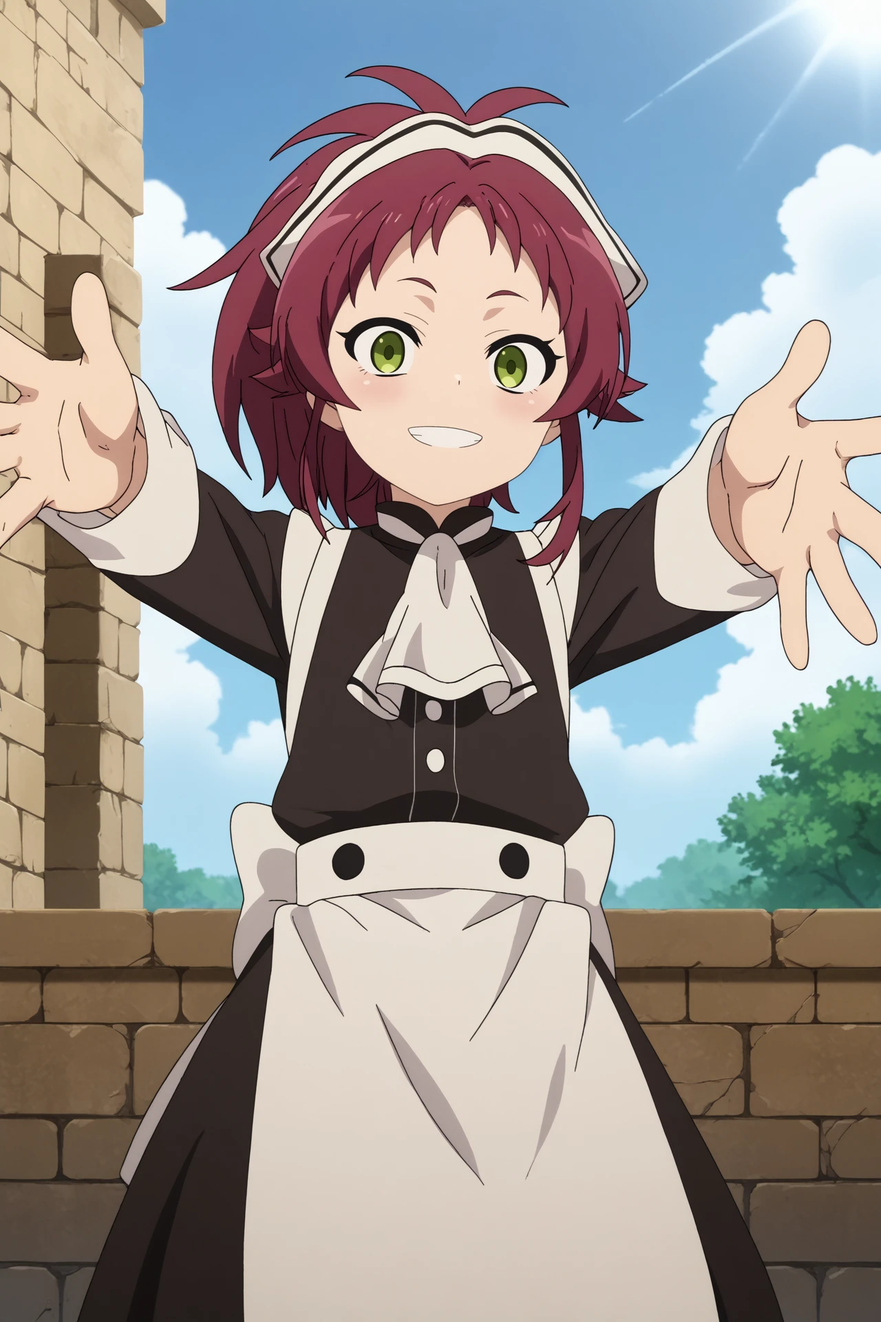 aisha greyrat,1girl,solo,looking_at_viewer,apron,maid,long sleeves,ascot,ponytail,maid headdress,smile
BREAK
outdoors,blue sky,sunshine,sun,old city,ruins

__randomizer89\usefull\poses3__,


<lora:Aisha_Greyrat_-_Mushokou_Tensei.safetensors:0.8>