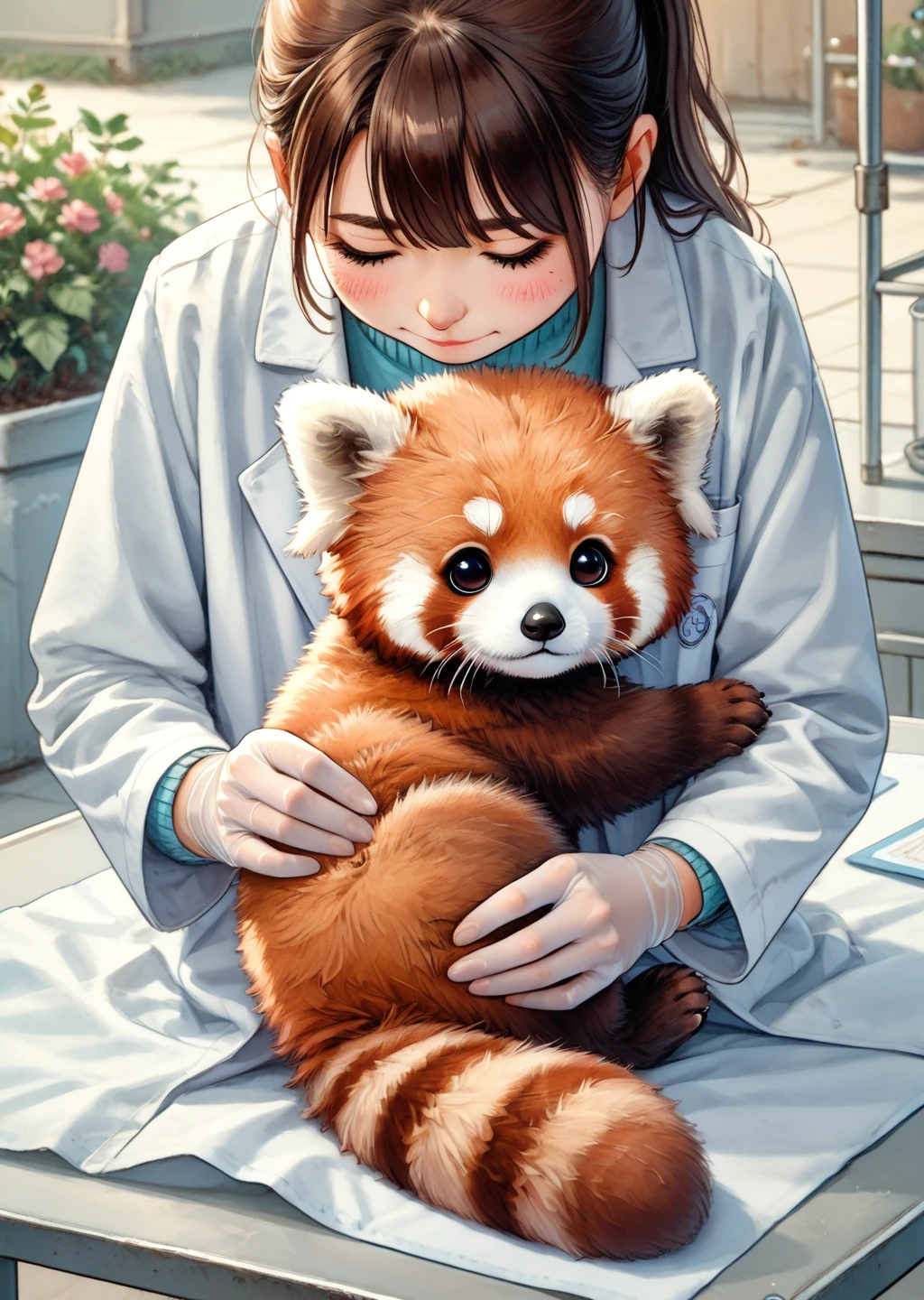 score_9, score_8_up, score_7_up, score_6_up, score_5_up, score_4_up, vetcheck, human, 1girl, veterinarian, lab coat, rubber gloves, inspection, hands, holding animal, animal focus, inspection table, cute female furry feral chibi red panda, sitting, nervous, high angle, source_furry <lora:Red Panda_epoch_12:0.6> red panda, animal, human <lora:Fantasy:1> awawa, outdoors <lora:Veterinarian_inspection:0.7>