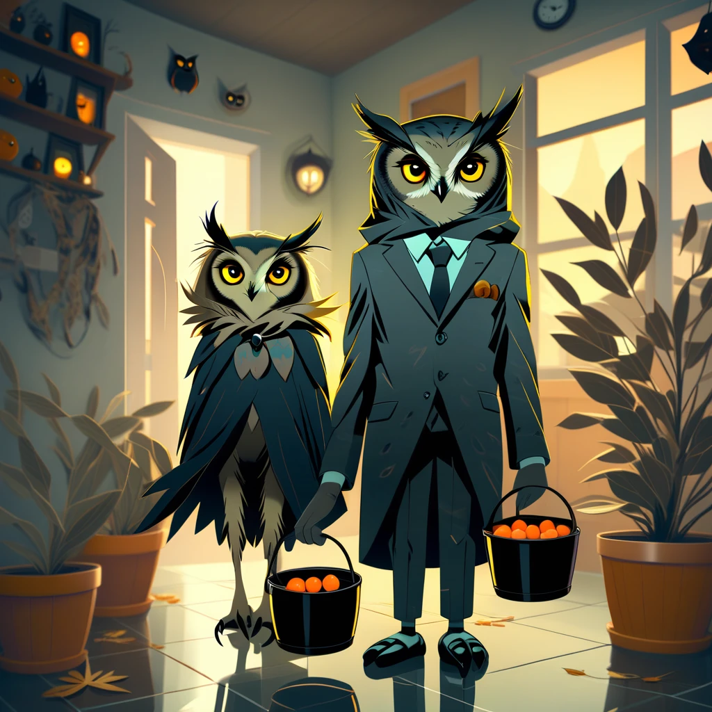 arthw24, blonde hair, owl, suit, 2girls, plant, night, scenery, brown eyes, black sclera, indoors, yellow eyes, grey eyes, black cat, halloween bucket