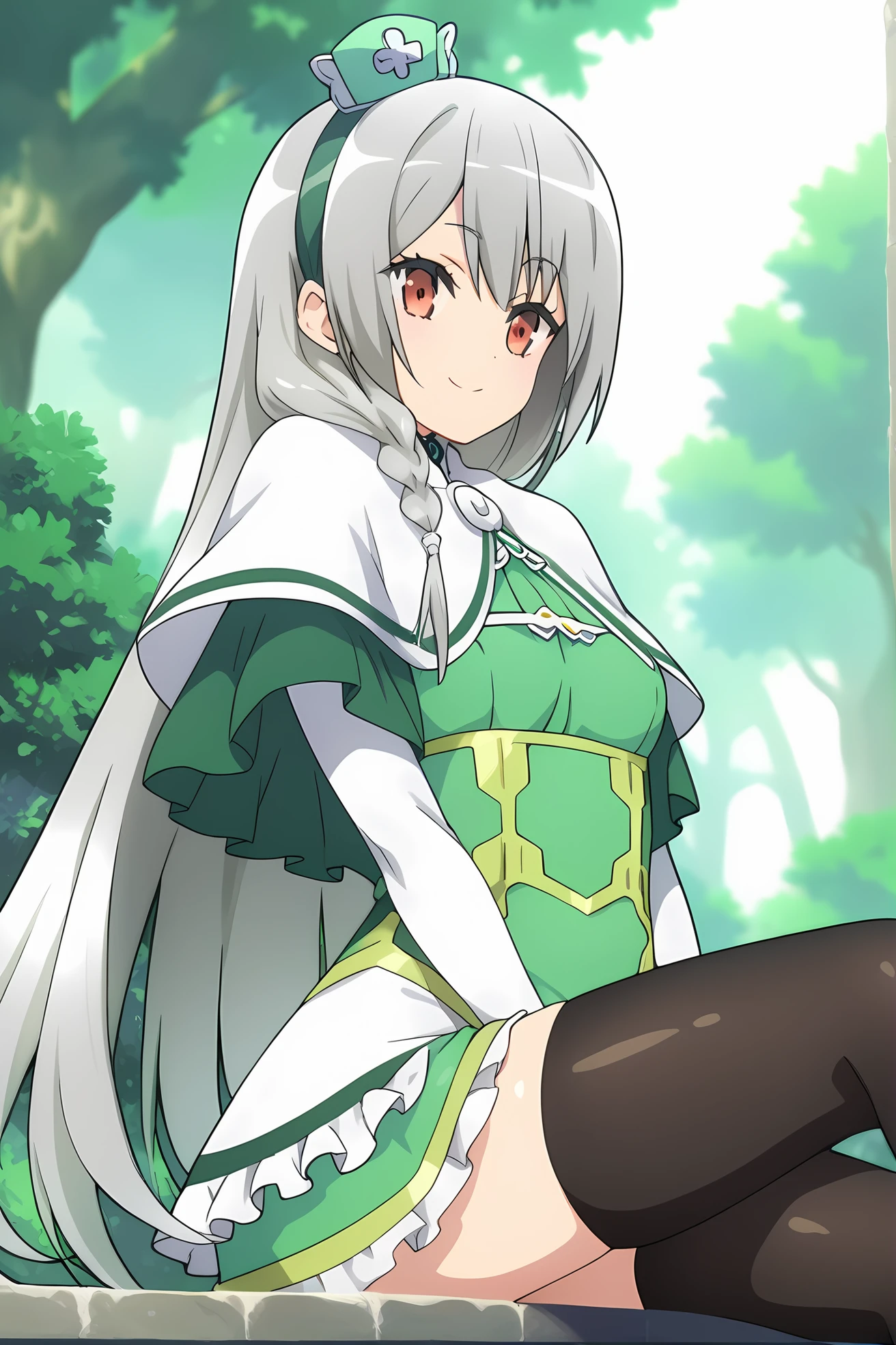 (green dress white capelet green headdress black thighhighs:1.40), ig-maidena, grey hair, red eyes, 1girl, solo, skinny, score_9, score_8_up, score_8, score_7_up, score_7, score_6_up, score_6, score_5_up, score_5, source_anime, (light smile:1.10), 0.2:outdoors forest, (straight-on:1.20), (:1.20), , <lora:ig-maidena-V01-000003:1.00> medium breasts, long hair, single braid