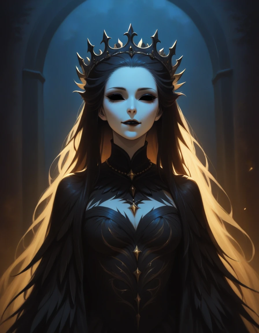 masterpiece, best quality, cinematic lighting, hollow eyes, dark feathered attire contrasts with her porcelain skin and black tattoos, Gracious, warmly, welcoming, the benevolent queen greets her subjects with open arms, her presence a comforting and kind influence.<lora:Hollow_Eyes_Portrait_SDXL:1>