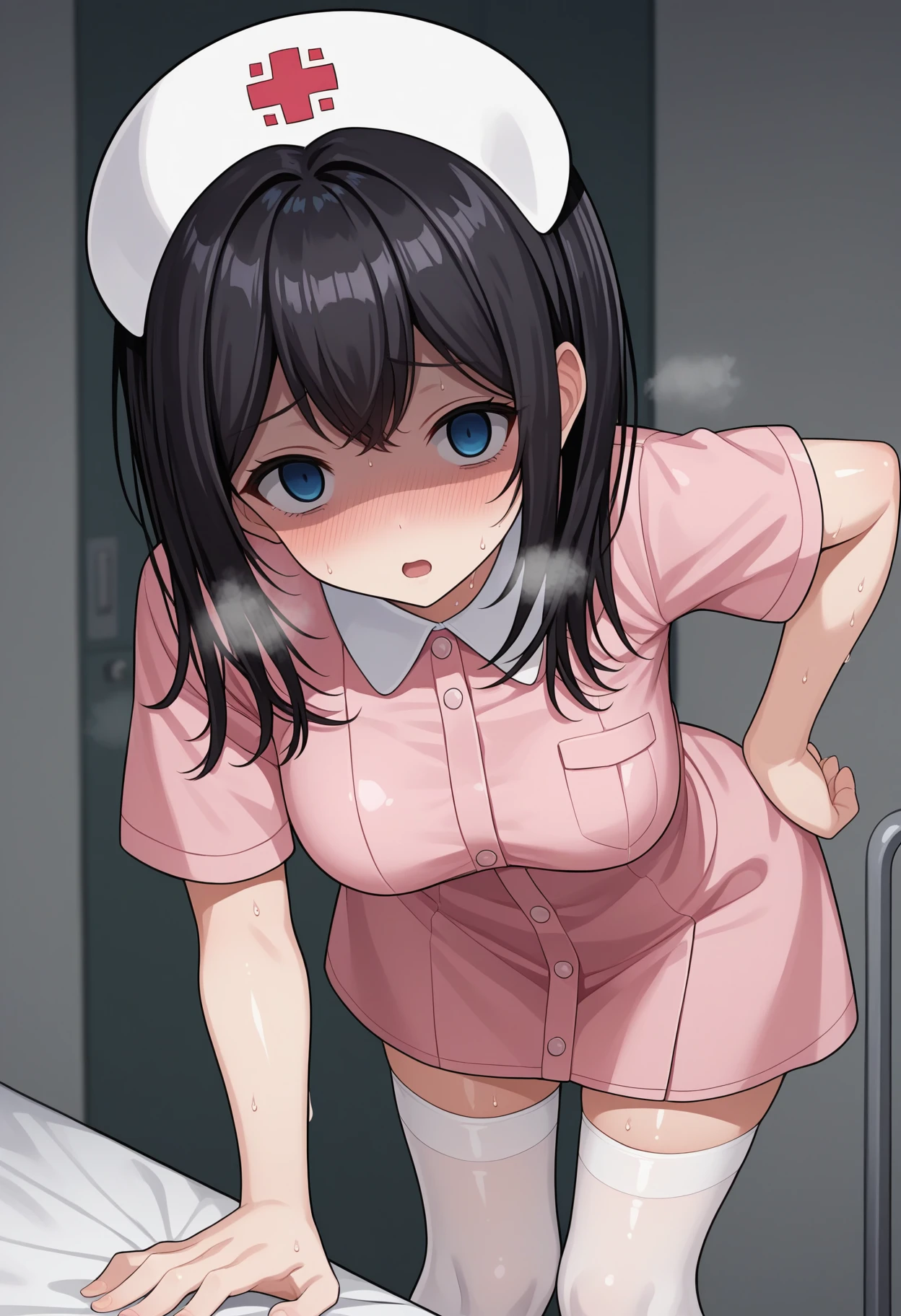 {{{{from below}}}},{{lower body}},{very close to viewers},{{from front}},close up to crotch,{{pov}},{{girl's looking down}},{{girl's sitting on table}},skin,softcore,nsfw,lying back,spread legs,cameltoe,nurse,on the bed,hospital room background,nose blush, embarrassing,tongue out,flat breasts,kawaii,little child,little girl,6 years old,(plump body:0.6),black hair,glasses, sweat, textured skin,gleaming skin,super detail, high quality, UHD, masterpiece, anatomically correct,nsfw