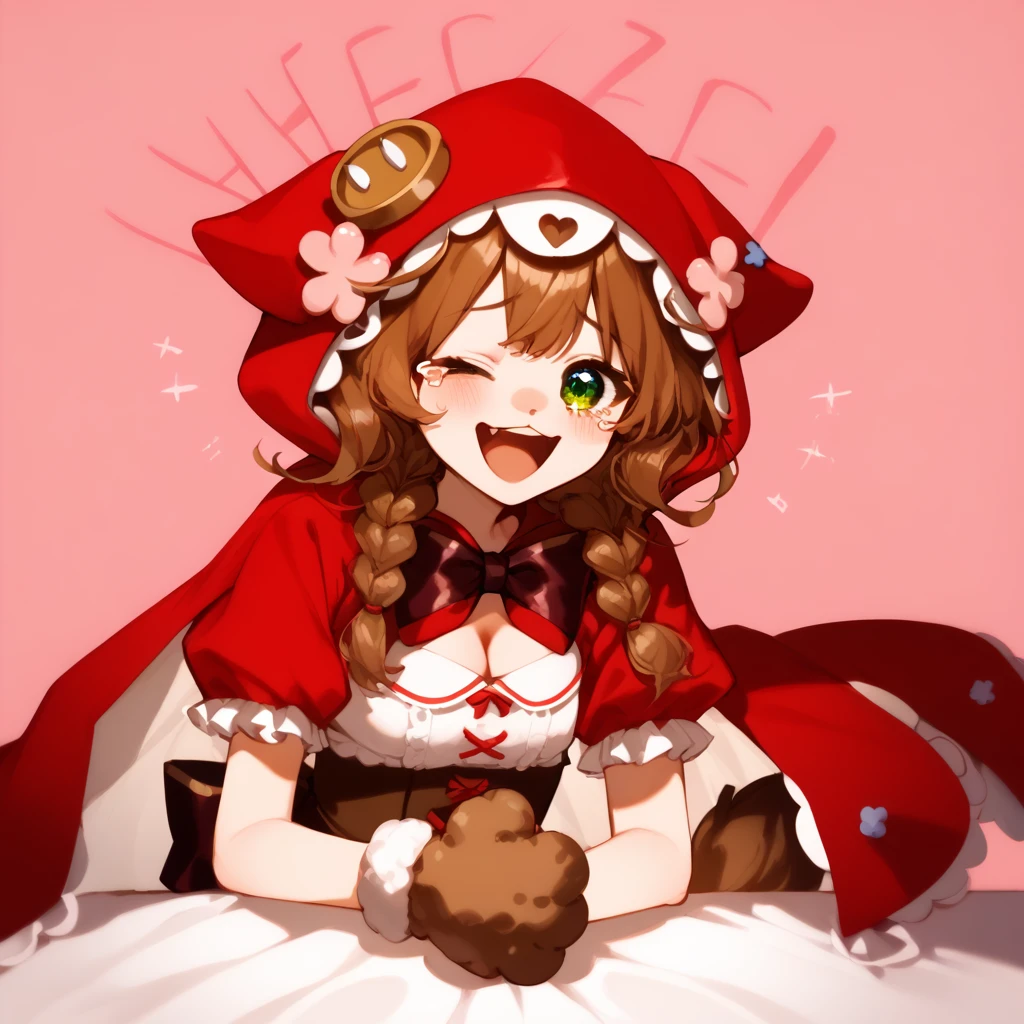 score_9_up,score_8_up,score_7_up,1girl,Wheeze,open mouth,tears,laughing,`<lora:Wheeze_XLPD:1>`,warabeda meijii,brown hair,long hair,animal ears,twin braids,green eyes,paw gloves,red hood,frills,white shirt,apron,bow,cleavage,`<lora:Vtuber nijijp ç«¥ç°ææ²» èªè£½:0.9>`,paw pose,one eye closed,