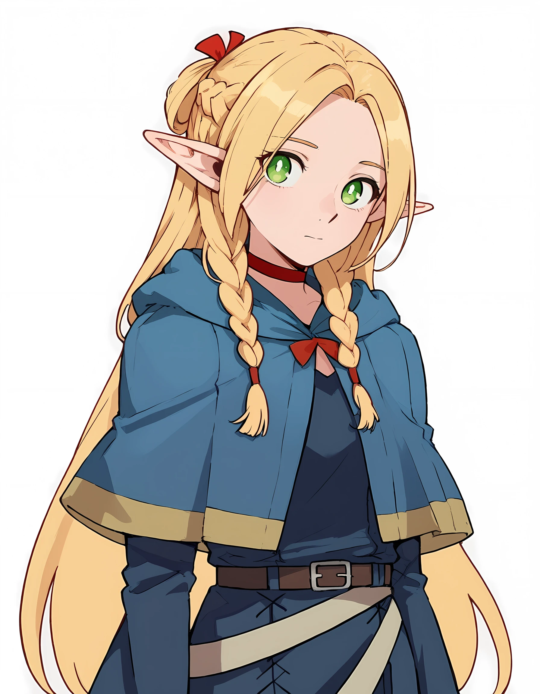 <lora:Marcille:1>marcille-donato, 1girl, french braid, upper body, blue capelet, red choker, blue robe, blue capelet, twin braids, long sleeves, closed mouth, belt, ribbon, simple background