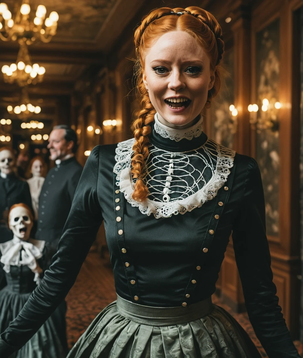 a professional absurdres sharp focus intricately detailed full torso photograph of Barbara_Meier,
She's wearing a turtleneck and quasi-victorian clothes and dancing in the lobby of a haunted hotel with a mischievous grin, licking the head of a ghost,
The background is dark and epic, The overall tone is intense, dark fantasy,  but with slivers of whimsy throughout,
 <lora:Barbara_Meier-SDXL10:1>  <lora:CBS_novuschroma37 style_b:0.65> novuschroma37 style,
 <lora:DarkSpheraStyle:0.7> DarkSpheraStyle <lora:Darkness:0.75> Darkness