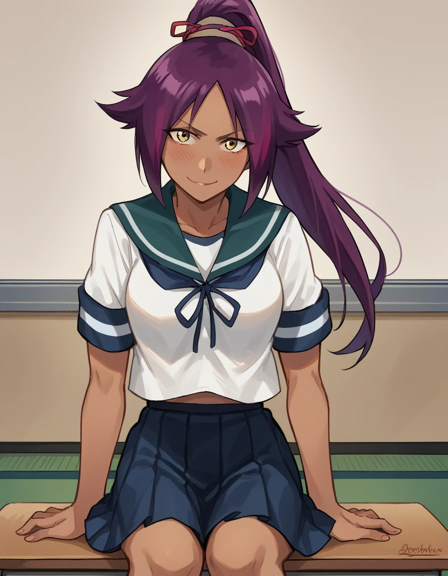 score_9, score_8_up, score_7_up, source_anime, <lora:yoruichi-shihouin-ponyxl-lora-nochekaiser:1> yoruichi shihouin, long hair, yellow eyes, ponytail, purple hair, dark skin, dark-skinned female, medium breasts, <lora:kancolle-fubuki-cosplay-ponyxl-lora-nochekaiser:1>, kancolle fubuki cosplay, fubuki (kancolle) (cosplay), blue skirt, cosplay, pleated skirt, sailor collar, school uniform, serafuku, neckerchief, ribbon,, indoors, smile, blush, sitting, classroom,, cowboy shot, looking at viewer,