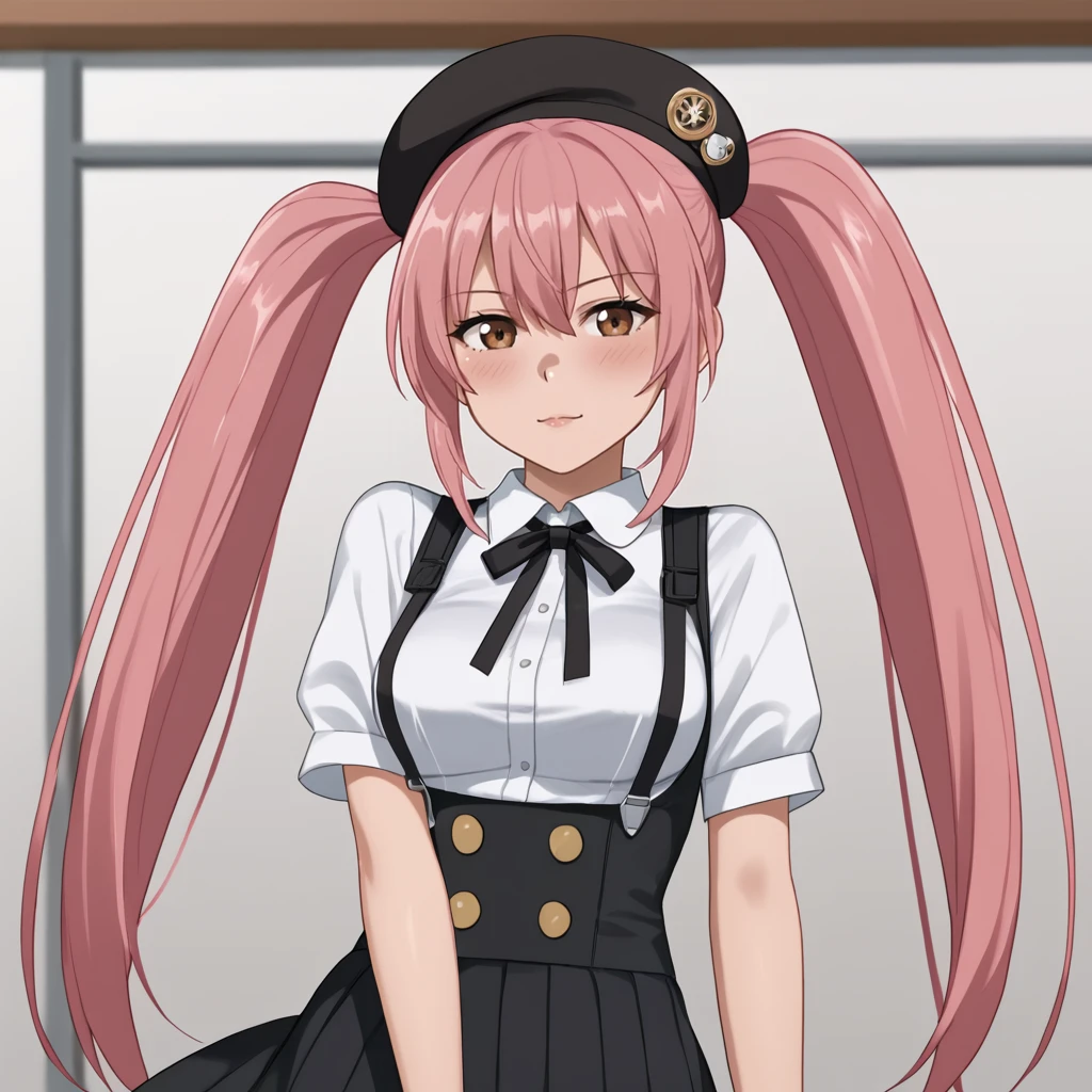 <lora:NocePinkGirl_pony_v1:0.8> PinkGirl, 1girl, solo, twintails, medium breasts, long hair brown eyes, pink hair, cowboy shot <lora:0902 Home wear 5_v1_pony:1> ruanyi0902,beret,black ribbon,collared shirt,black pantyhose,high-waist skirt,white shirt,suspenders