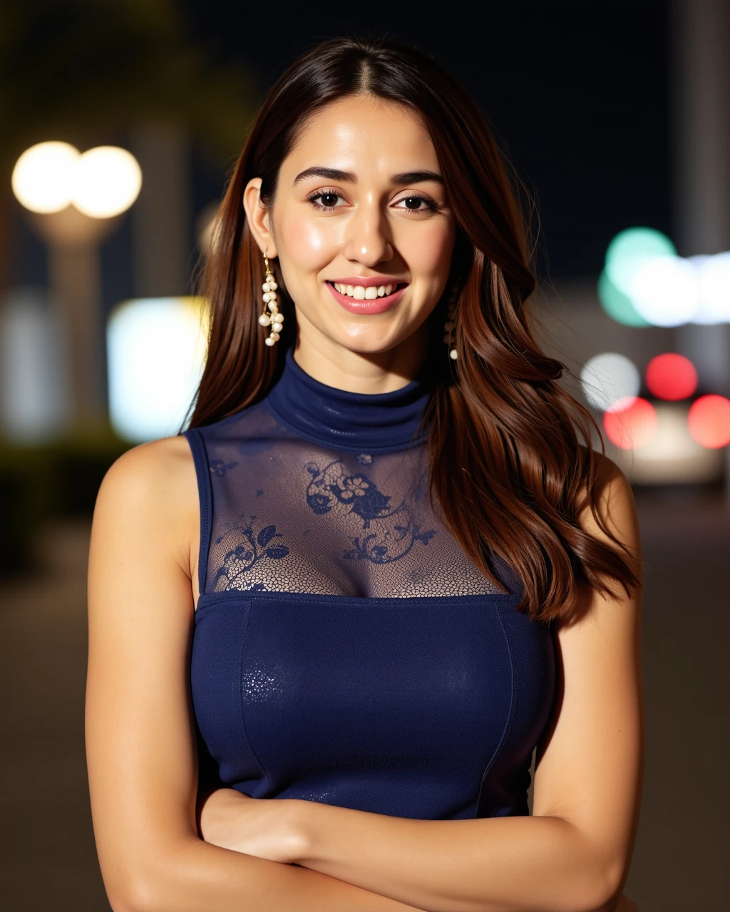 full body photo of disha patani woman, glamor photo, laughing face,studio quality, wearing intricate high neck elegant Sapphire sleeveless turtleneck top, curls, night time city bokeh<lora:TestBed\Disha_Patani_Flux_Kohya_V1-step00000400.safetensors:1.0:1.0>