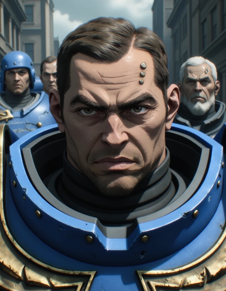 portrait of titus40k men wearing blue armor , solo, angry face, looking the viewer,  background city destroyed apocalypse fx, <lora:Demetrian_Titus_-_Warhammer_40k-000021:0.7>     <lora:FadooStyleV2_r1:1> FADOOSTYLEV2âââ