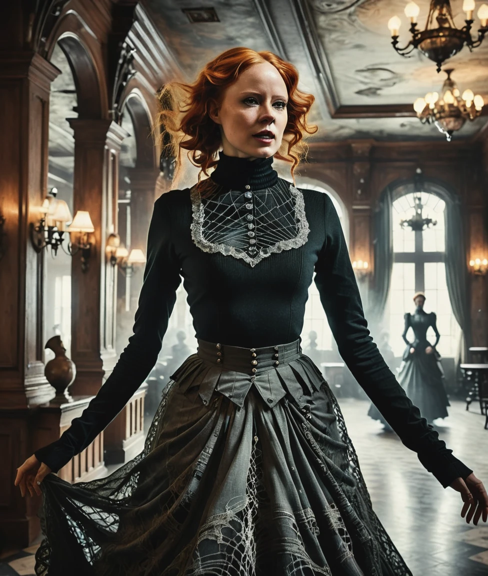 a professional absurdres sharp focus intricately detailed full torso photograph of Barbara_Meier,
She's wearing a turtleneck and quasi-victorian clothes and dancing in the lobby of a haunted hotel with a mischievous aspect,
The background is dark and epic, The overall tone is intense, dark fantasy,  but with slivers of whimsy throughout,
 <lora:Barbara_Meier-SDXL10:0.8>  <lora:CBS_novuschroma37 style_b:0.4> novuschroma37 style,
 <lora:DonMV31l0fD4rkn355XL:0.5> DonMV31l0fD4rkn355XL <lora:DonMGl00myN1gh7m4r3XL:0.45> DonMGl00myN1gh7m4r3XL <lora:eldoria:0.7> eldoria