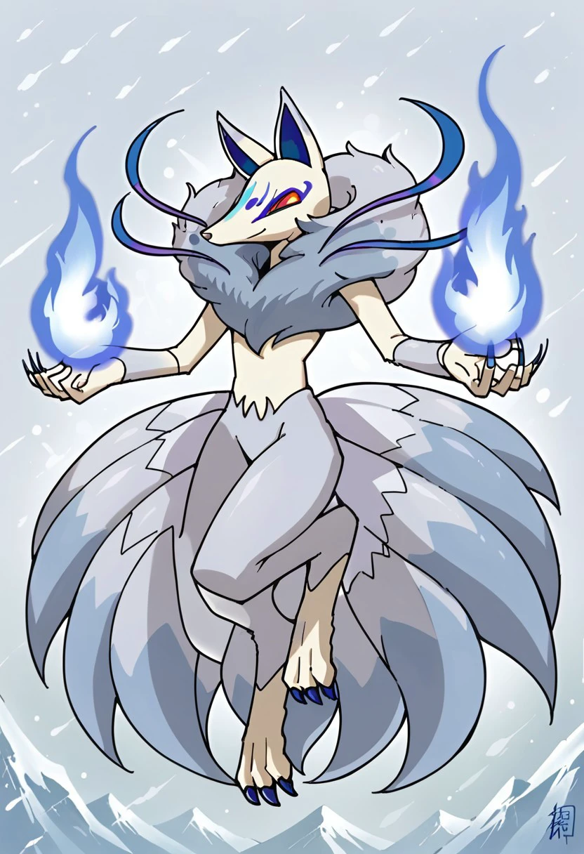 BREAK score_9_up score_8_up score_7_up, source_anime, 1girl, solo, Frostail_Yo-kai, silver fur, gray fur, white legs and torso, nine tails, multiple tails, gray tail tips, long blue nails, blue strands, yellow sclera, red eyes, snow storm, smile, aura,