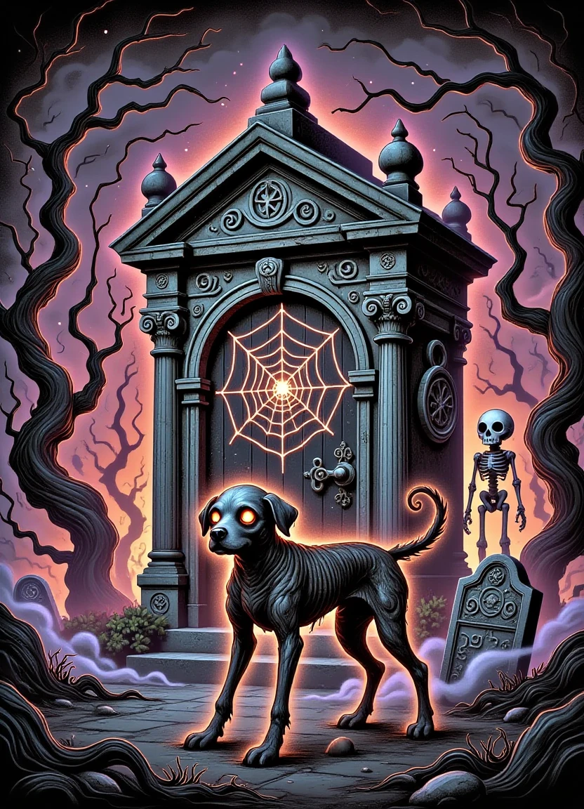 A spooky and vintage-inspired scene of a mummified dog standing in front of a weathered stone mausoleum at dusk, surrounded by a creepy atmosphere with a giant spiderweb on the mausoleum door, a glowing phantom effect emanating from the surrounding trees, and an eerie skeleton figure watching from behind a nearby gravestone.