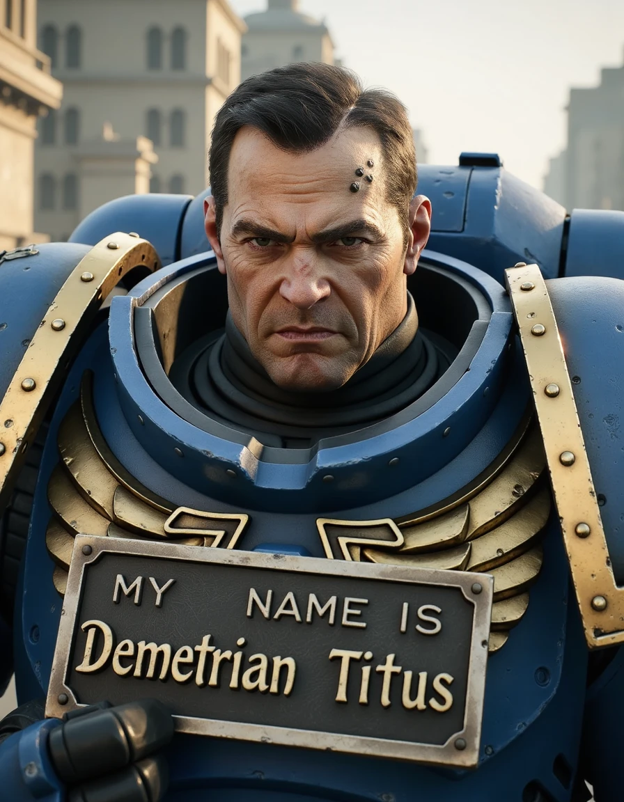 portrait of titus40k men wearing blue armor , solo, angry face, looking the viewer,  hold metal plate write:" MY NAME IS Demetrian Titus", background city destroyed apocalypse fx, <lora:Demetrian_Titus_-_Warhammer_40k-000021:0.7>âââ