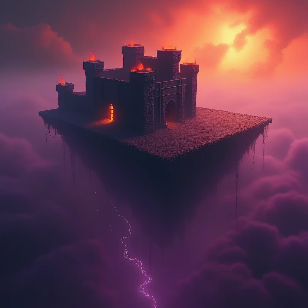 cpolldreamyfortress, cpolldfffitowd, floating fortress in the otherworld, otherworld, floating fortress, outdoor, orange sky, orange lightnings in sky, vivid purple mist, purple lightnings in vivid purple mist