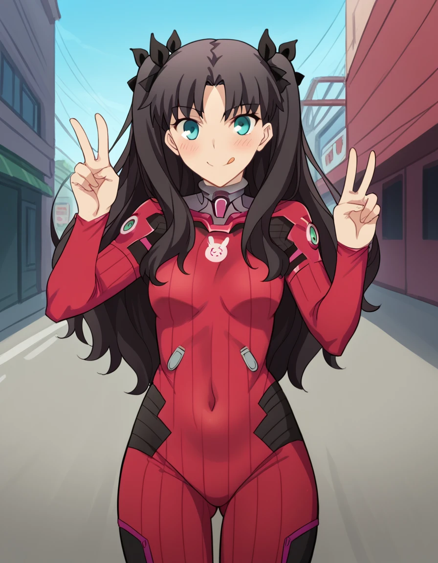 score_9, score_8_up, score_7_up, source_anime, rintohsaka, <lora:rin-tohsaka-ubw-ponyxl-lora-nochekaiser:1>, rin tohsaka, aqua eyes, black hair, hair ribbon, long hair, ribbon, sidelocks, two side up, parted bangs,, <lora:overwatch-dva-cosplay-ponyxl-lora-nochekaiser:1>, overwatch dva cosplay, d.va (overwatch) (cosplay), bodysuit, cosplay, covered navel, skin tight, vertical-striped bodysuit, streets, smile, blush, v, v over eye, tongue out, cowboy shot, looking at viewer