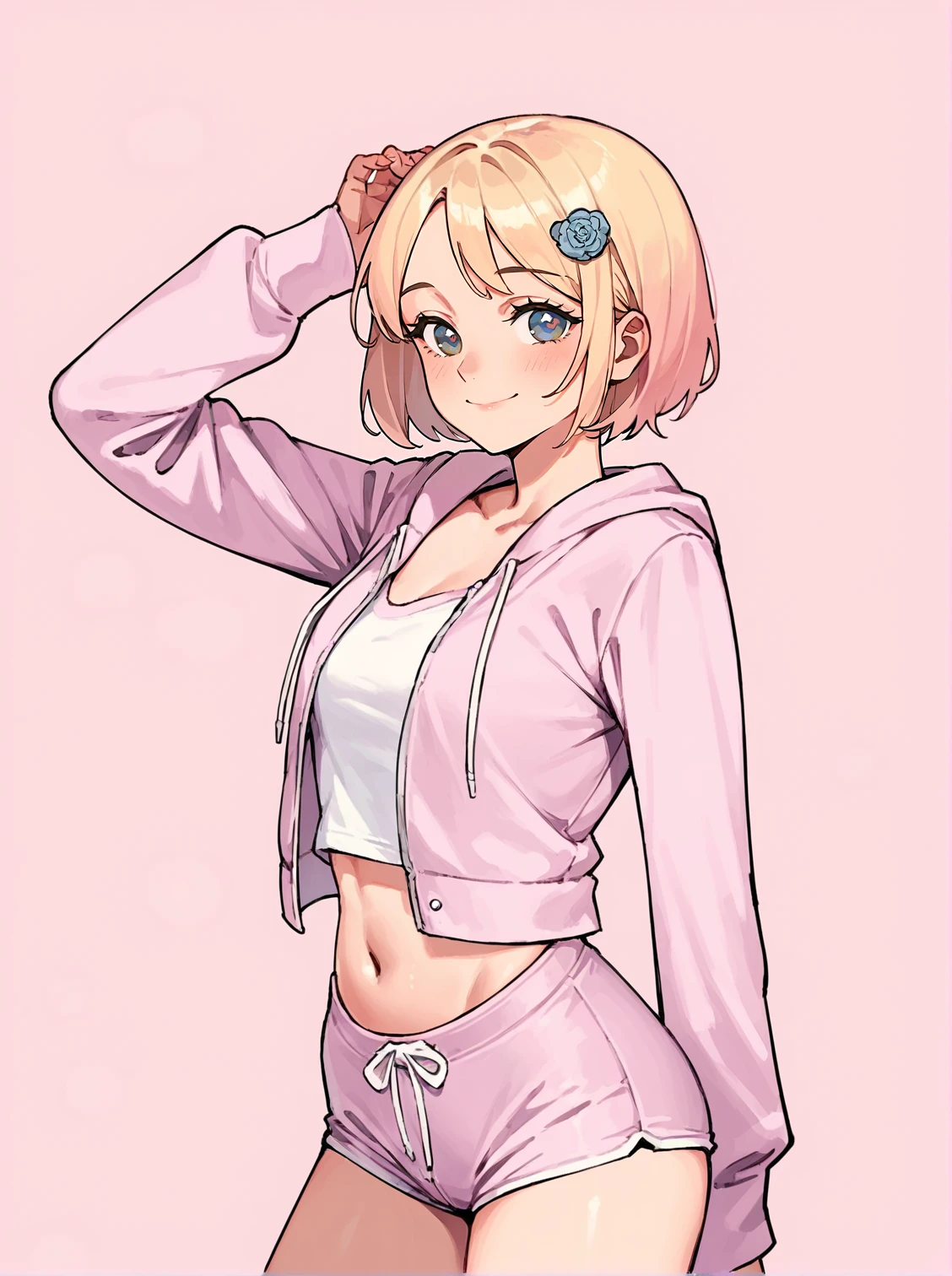 score_8_up, score_7_up, score_6_up, source_anime, 1girl, solo, simple background, pink background,
standing, pose, contrapposto, arched back, cowboy shot,
smile,
open hoodie, crop top, shorts
<lora:sportswear02:1>