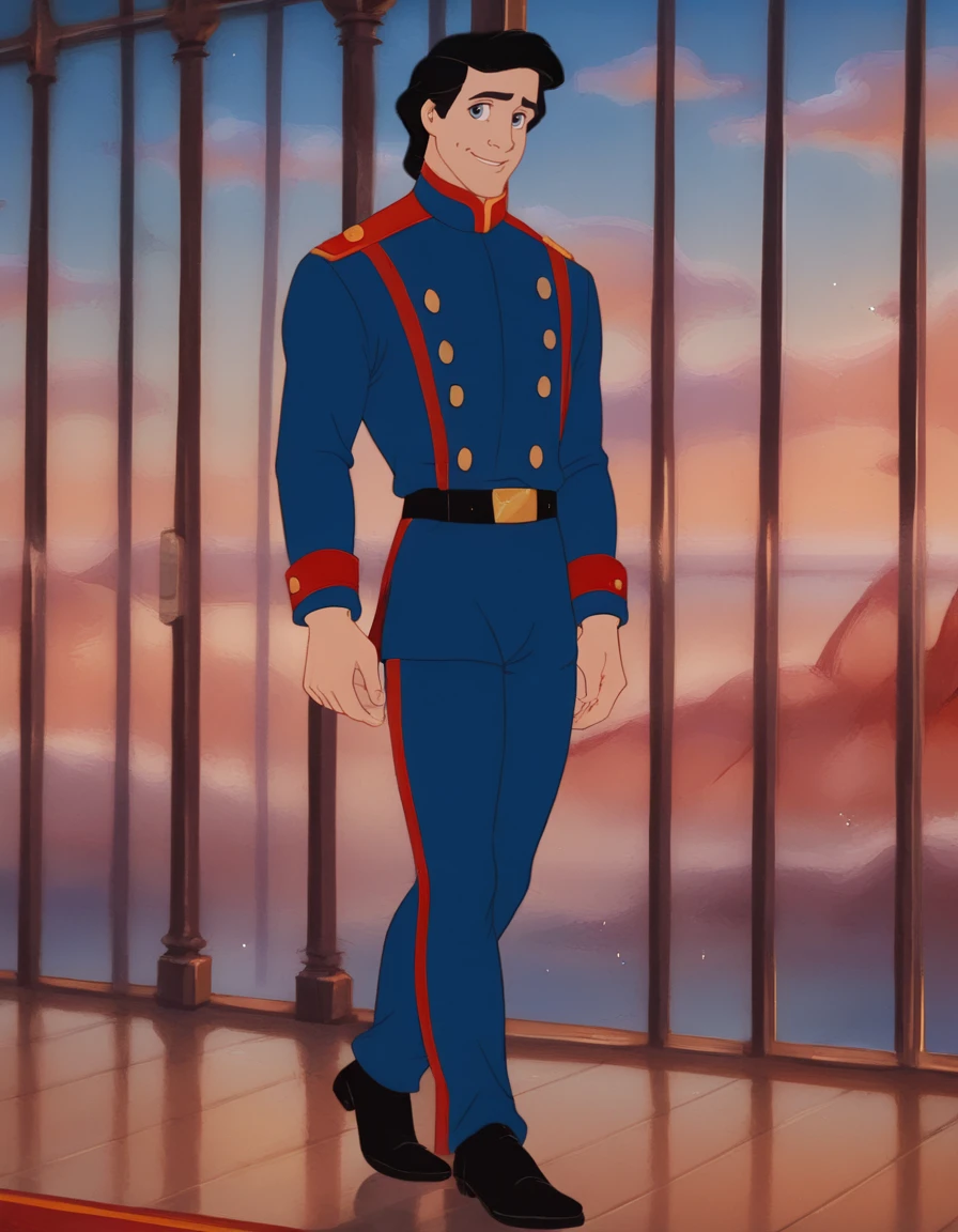 score_9, score_8_up, score_7_up,
rococo style interior, rococo ballroom, high windows,
Prince_Eric_LTM, 1boy, black hair, light-blue eyes, dark blue military uniform, red shoulder straps, black leather belt, golden buckle, black shoes, red and blue collar, massive gold buttons, red embroidery,
solo, standing, light smile, looking at viewer,
best quality, much detailed, high resolution, Expressiveh, zPDXL3, <lora:Prince_Eric_LTM:1>, <lora:Smooth Anime Style LoRA XL:0.8>, <lora:Expressive_H:0.6>, <lora:add-detail-xl:1>, <lora:zPDXL3:1>âââ