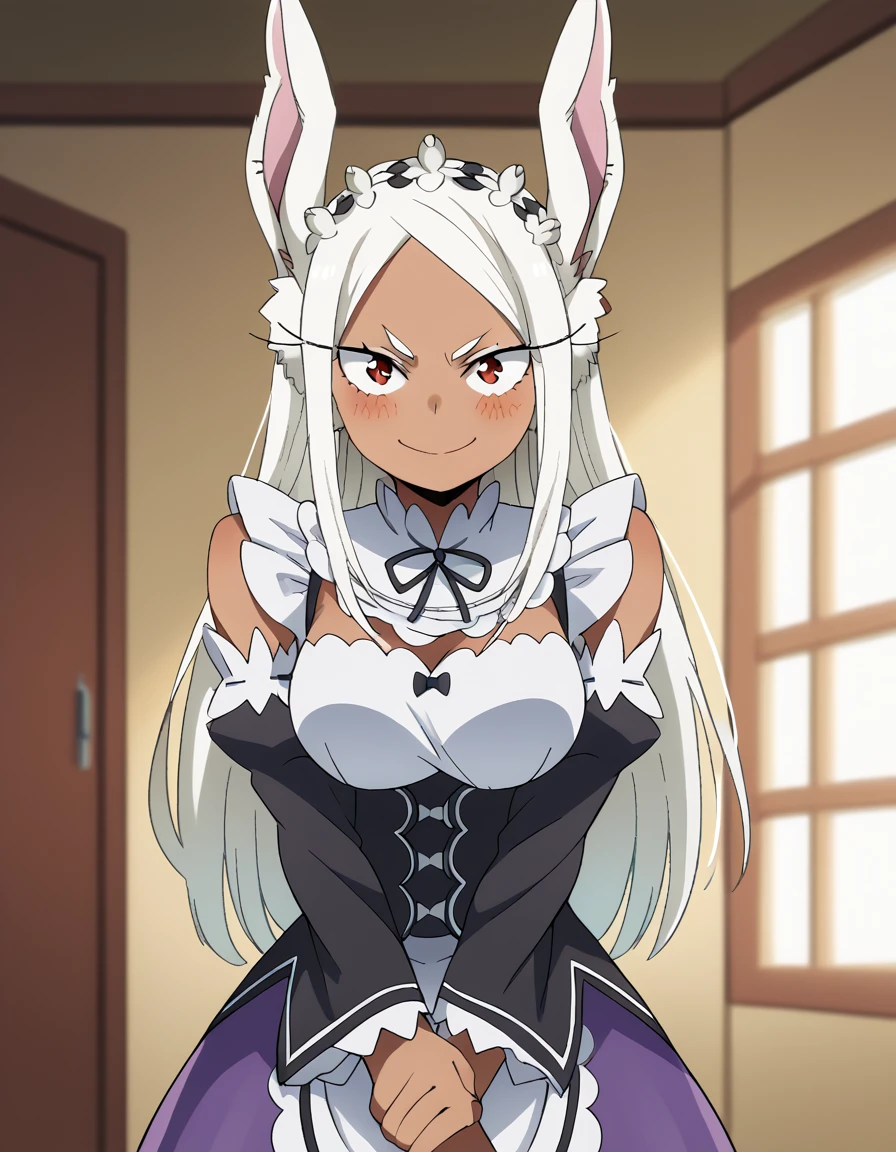 score_9, score_8_up, score_7_up, source_anime, <lora:rumi-usagiyama-ponyxl-lora-nochekaiser:1>, rumi usagiyama, long hair, animal ears, white hair, dark skin, rabbit ears, dark-skinned female, rabbit girl, red eyes, parted bangs, large breasts, <lora:rezero-ram-cosplay-ponyxl-lora-nochekaiser:1>, rezero rem cosplay, rem (re:zero) (cosplay), roswaal mansion maid uniform, cosplay, maid, enmaided, underbust, detached sleeves,, indoors, smile, blush, v arms, cowboy shot, looking at viewer