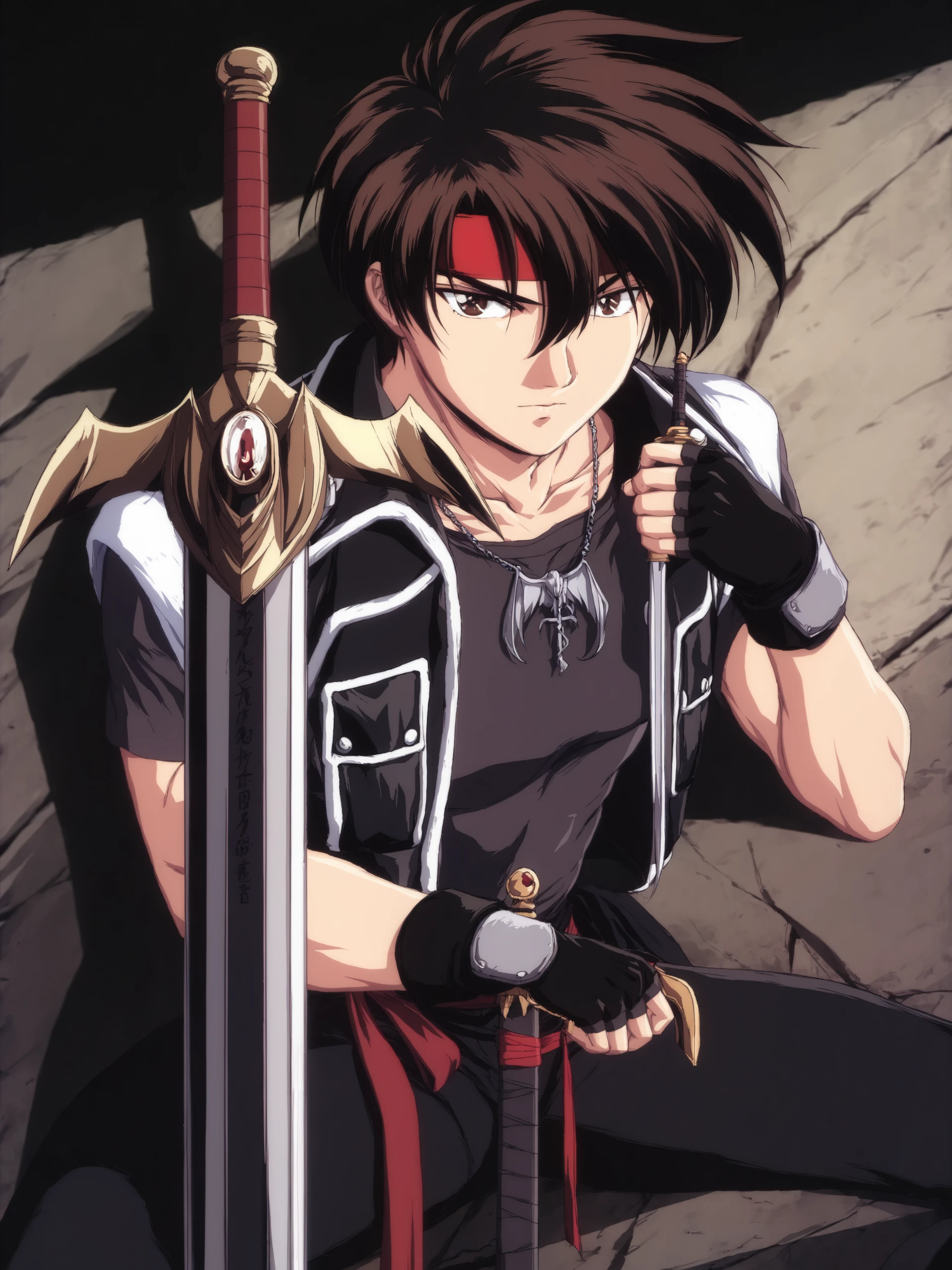 masterpiece, best quality, orphen, majutsushi orphen, retro artstyle, solo, looking at viewer, short hair, shirt, brown hair, black hair, 1boy, gloves, holding, hair between eyes, closed mouth, jewelry, sitting, brown eyes, jacket, collarbone, male focus, weapon, short sleeves, black gloves, pants, sword, fingerless gloves, holding weapon, necklace, vest, black shirt, black pants, headband, holding sword, red headband, general  <lora:Orphen_v1.0-000006:0.8>