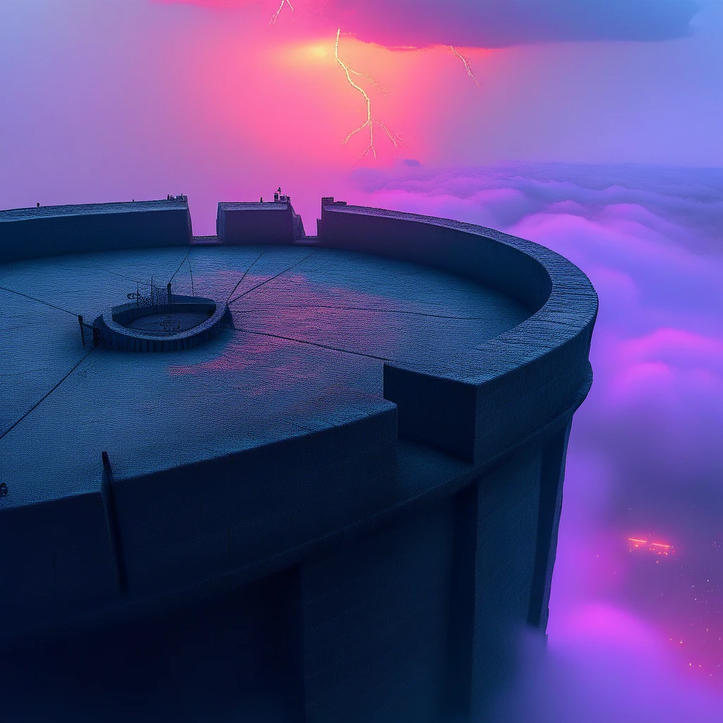 cpolldreamyfortress, cpolldfotrotw, on the roof of the watchtower, otherworld, watchtower roof, above the watchtower, outdoor, orange sky, orange lightnings in sky, vivid purple mist, purple lightnings in vivid purple mist