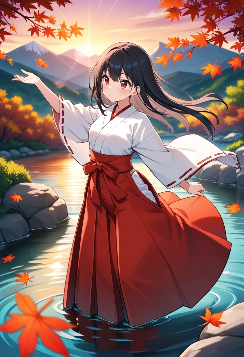 masterpiece, best quality,
1girl, miko clothing, red hakama, long hair, black hair, red eyes, maple, evening, fall leaves, falling maple, on water, babbling stream, mountain, wind, shadow, lens flare, dynamic light, light ray, blurry background, dancing, cowboy shot,