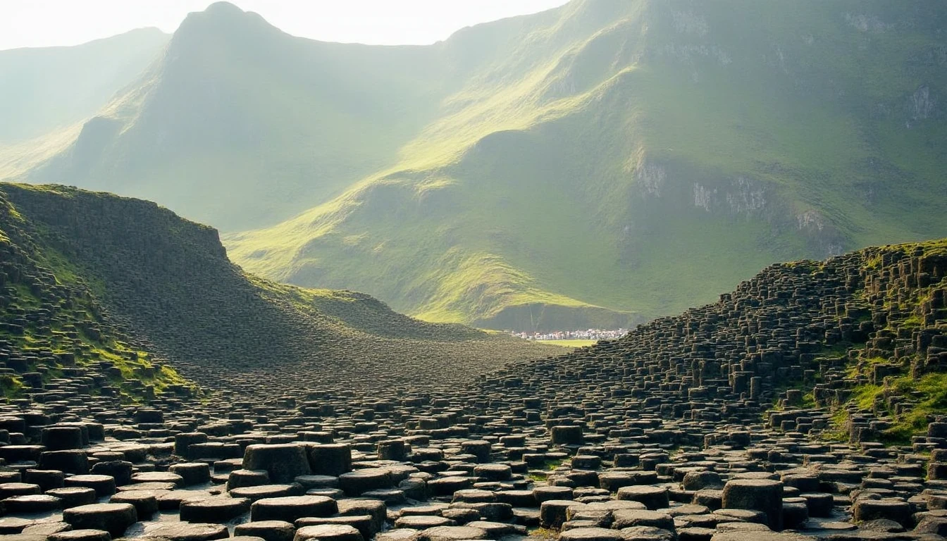 g14nt, a beautiful photograph of giant's causeway with its unique rock formations and mountains in the background. the sky is filled with clouds

