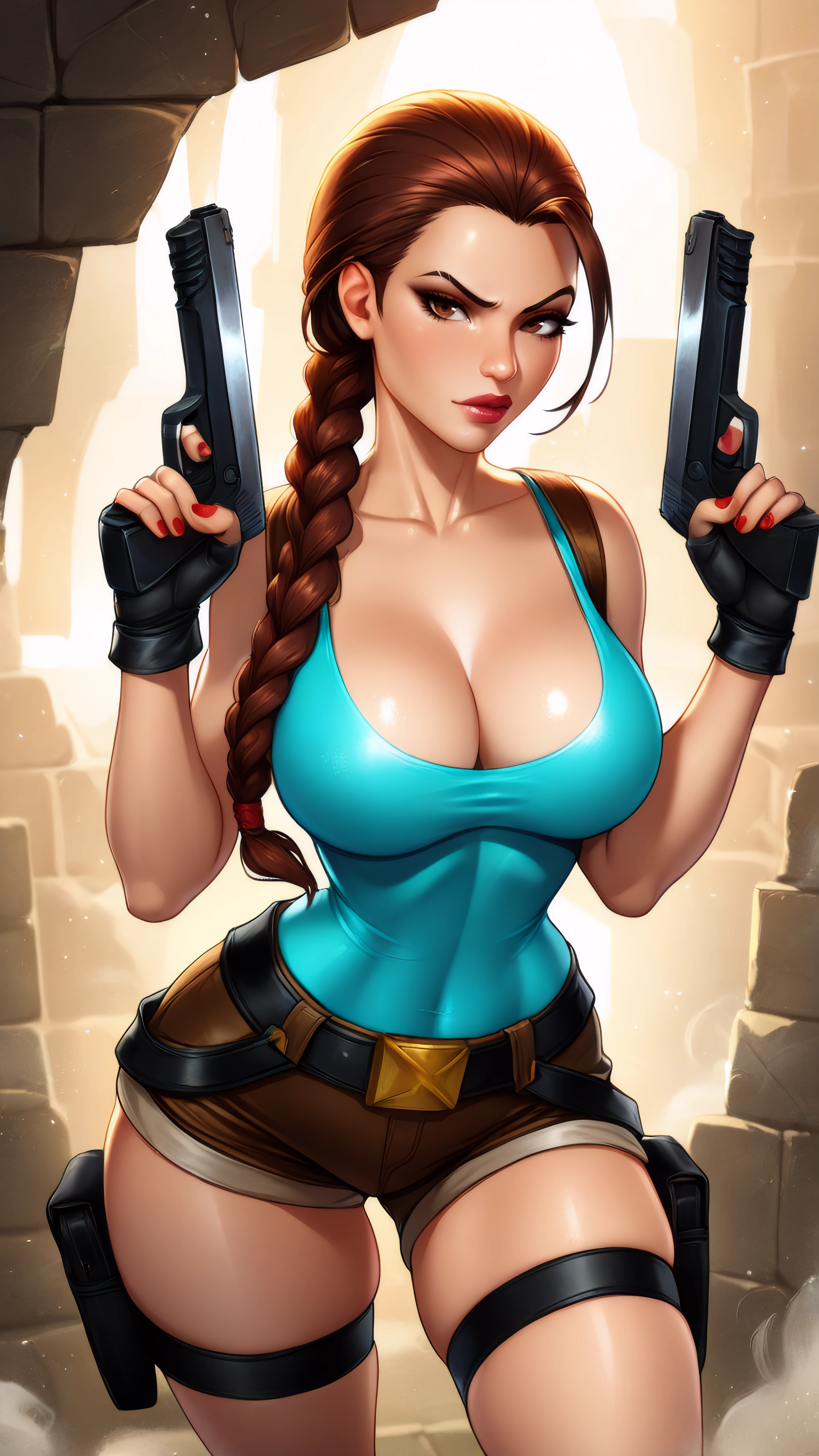 masterpiece, best quality, very aesthetic, absurdres, BREAK, 1girl, looking at viewer,  cowboy shot,
<lora:LaraCroft_ClassicV2_Illu_Dwnsty:0.8>, lara_classic, brown eyes, brown hair, braided ponytail, long braid, blue tank top, short shorts, fingerless gloves, black gloves, thigh strap, thigh holster, belt, red nails, cleavage, lips, makeup, red lipstick, 
large breasts, lips, skindentation, narrow waist, raised eyebrow, hands up, holding guns, holding weapons, 
abstract background, concrete, against wall, light particles, dust, shiny skin,