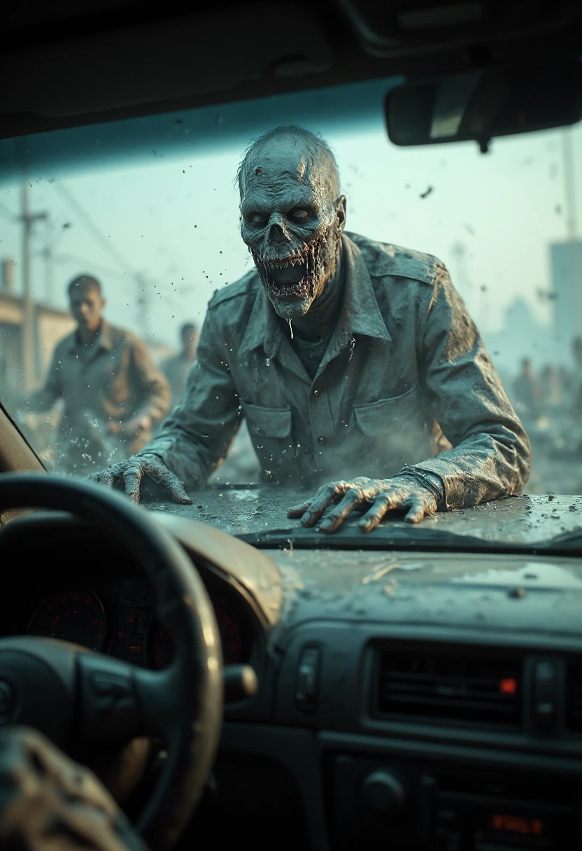 Brain Eaters. View from inside of a car through the windshield. A zombie has crawled onto the hood of the car and has cracked the windshield. He is drooling and showing his zombie teeth.