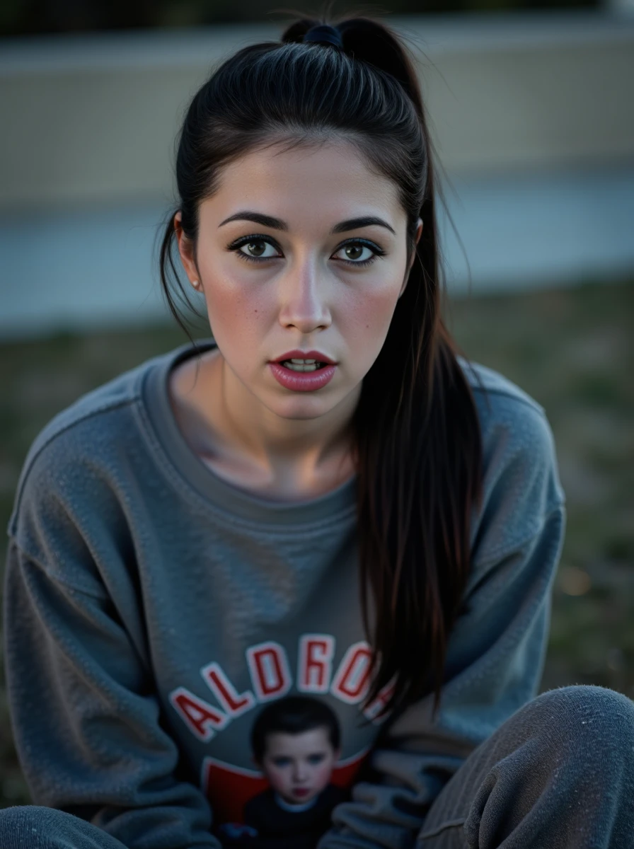 upper body photo of a dressed woman relaxed, with sleek ponytail hair, her pale skin has a high detailed texture and shows details like moles, small hairs and pores, her expression is surprised, she is wearing a cozy movie night outfit with a pair of joggers, a comfy graphic sweatshirt, and fuzzy socks. Set outside, with a cold colors lighting. <lora:alexclora-000012:1>