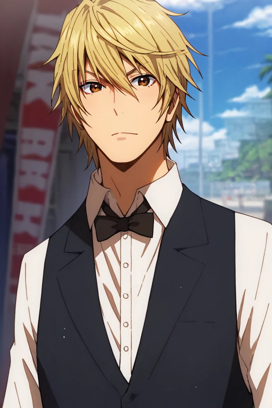 score_9, score_8_up, score_7_up, score_6_up, score_5_up, score_4_up,<lora:Heiwajima_shizuo-000015:0.8>, heiwajima shizuo, 1boy, blond hair, brown eyes, white shirt, sleeveless vest, collared shirt,  black vest, closed vest, black bowtie, black pants, standing, solo, alone, solo, masterpiece, highres, beach, sea, sand