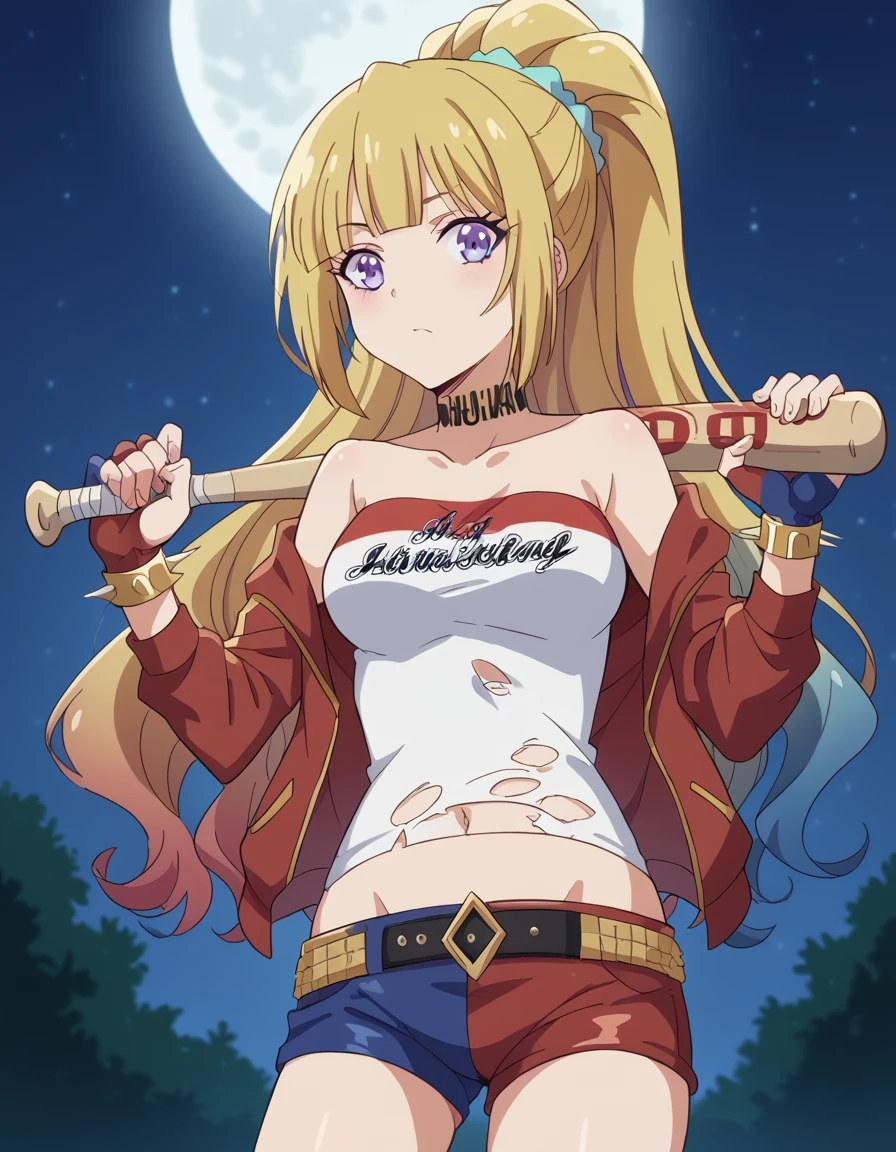 score_9, score_8_up, score_7_up, source_anime, keikaruizawa, <lora:kei-karuizawa-anime-s2-ponyxl-lora-nochekaiser:1>, kei karuizawa, long hair, bangs, blunt bangs, purple eyes, blonde hair, hair ornament, ponytail, scrunchie, blue scrunchie, medium breasts,, <lora:harley-quinn-cosplay-ponyxl-lora-nochekaiser:1>, harley quinn cosplay, harley quinn (cosplay), bare shoulders, choker, collarbone, cosplay, fingerless gloves, heart, heart tattoo, jewelry, multicolored clothes, multicolored shorts, navel, shorts, spiked bracelet, spikes, stomach, strapless, torn clothes, tube top, two-tone shorts, outdoors, night, moon, baseball bat, holding, holding baseball bat,, cowboy shot, looking at viewer