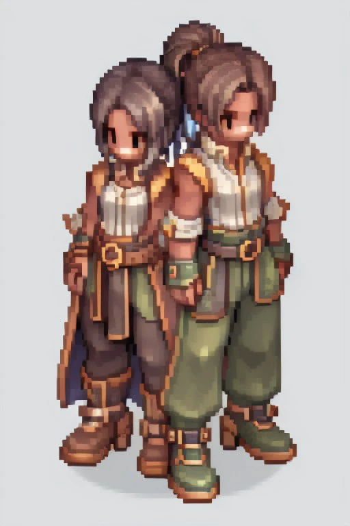 ROSprite, persistent, coherent, consistent ,ROSspriteEX, 1girl, pixel art, 2D-HD style, isometric view, Ragnarok Online inspired, Octopath Traveler lighting, athletic build, long brown hair, ponytail, green eyes, simple background, transparent background, full body pose, standing front view, shirt and pants in brown, vest in green, boots in black, belt, goggles, axe, arms crossed, confident pose, detailed pixel shading, high contrast lighting, soft shadow underneath, 32-bit color palette, 256x256 resolution, crisp edges, no anti-aliasing