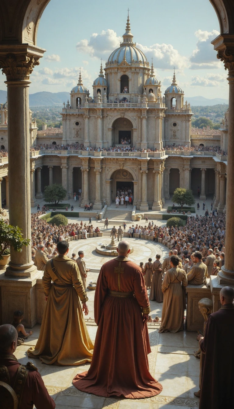 detailed city, A consortium of regally attired individuals, backs to the viewer,  survey a throng of people assembled in the courtyard of a formidable, banner-festooned fortress. The scene is rendered with a cinematic grandeur, emphasizing the gravitas of the moment. The viewer's perspective is from a slightly elevated position within the castle, affording a sweeping vista of the assembly below and the imposing edifice beyond. The color palette is rich and evocative, employing a muted, desaturated style reminiscent of classical paintings, amplifying the atmosphere of antiquity and solemnity.  Sunlight bathes the scene, casting long shadows that accentuate the architectural details and lending an almost ethereal quality.  The focus is on the juxtaposition of the regal figures and the teeming masses, hinting at a momentous occasion - a coronation, an address, or perhaps the prelude to a significant proclamation. The grandeur of the setting, the weight of expectation in the air, and the palpable tension in the posture of the figures, all converge to create a powerful image of power, responsibility, and the burden of leadership.