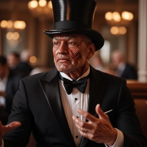 photo,realistic,photo portrait of a bald ecorche man wearing a tuxedo and a top hat in a fancy restraunt