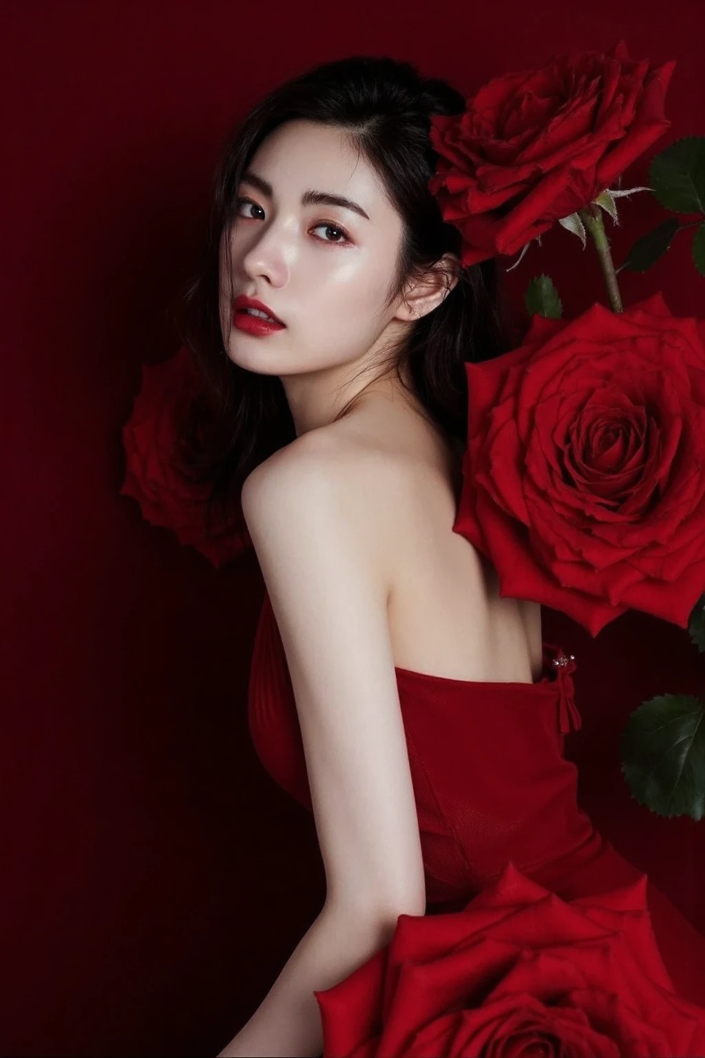 The image showcases a young korean woman. She is positioned against a strikingly vibrant maroon background, which is filled with large red roses. The roses dominate the composition, adding a dramatic and intense contrast to her skin tone and overall appearance.
The woman is dressed in sleeveless dress, which drapes softly over her shoulders, leaving her upper back and one shoulder exposed. Her expression is calm and slightly mysterious, with her gaze directed slightly to the side, away from the camera. The large roses, some of which overlap with her figure, create a dreamy and surreal atmosphere, as if she is blending into or emerging from the floral background., <lora:flux_realism_lora:1>, ,<lora:makinaflux_nana_v1.0:1>